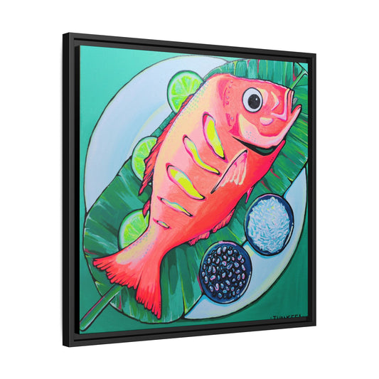Framed Neon Fried Fish Canvas Print