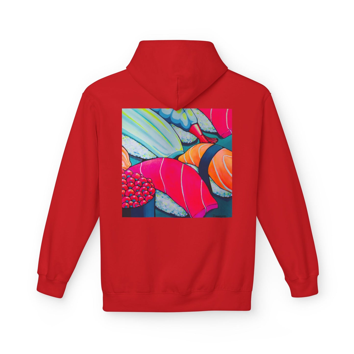 Sweat à capuche doux unisexe néon motif sushis