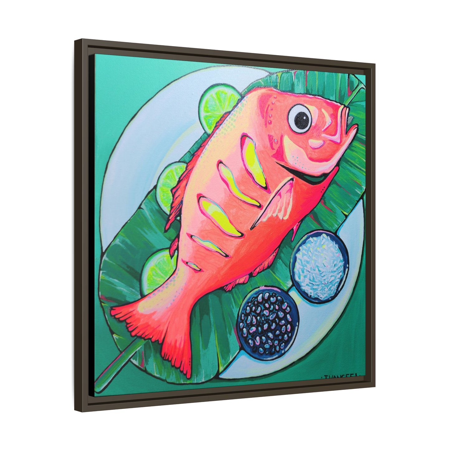 Framed Neon Fried Fish Canvas Print