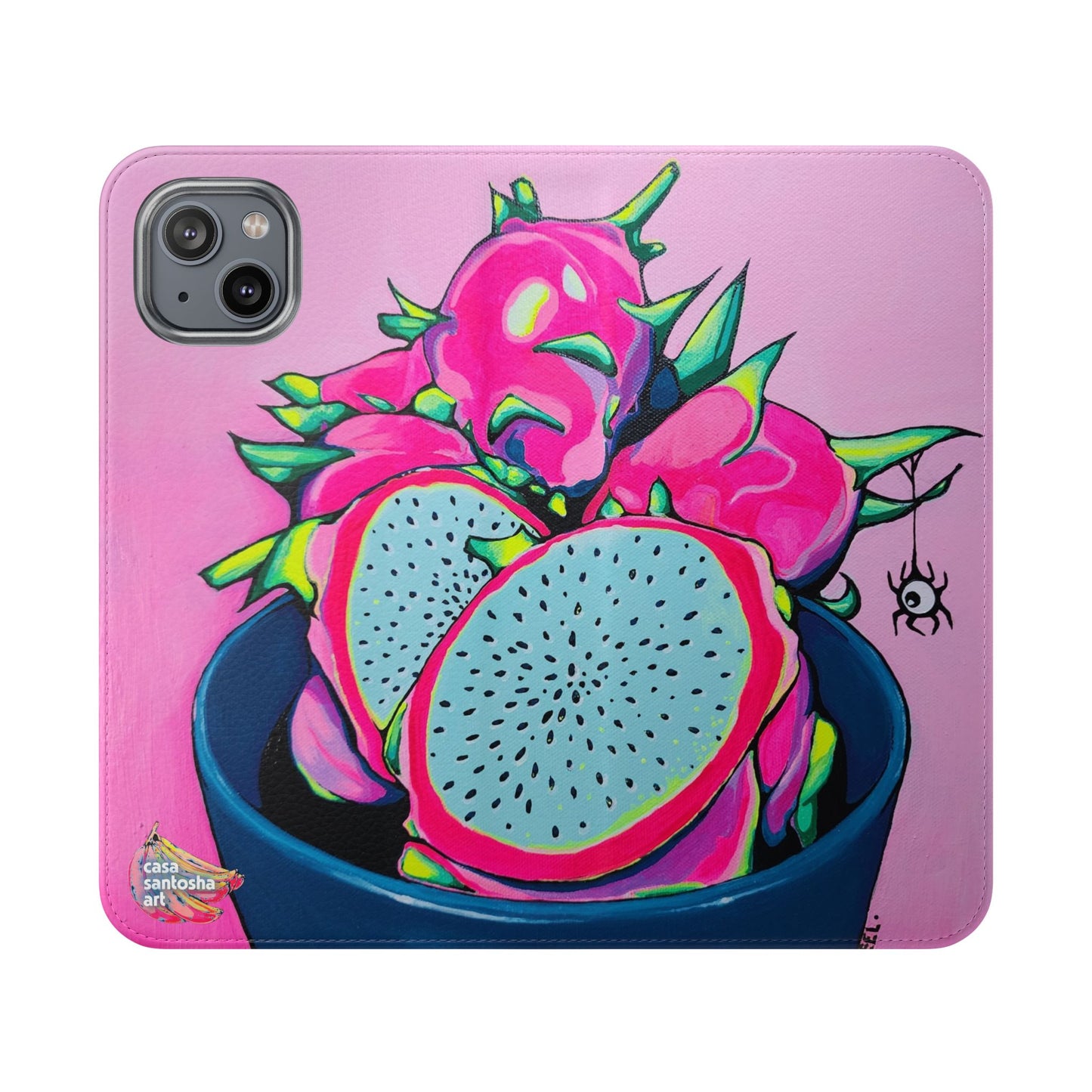 Neon Pink Dragon Fruit Flip Phone Case – Wallet Cover with Card Slots