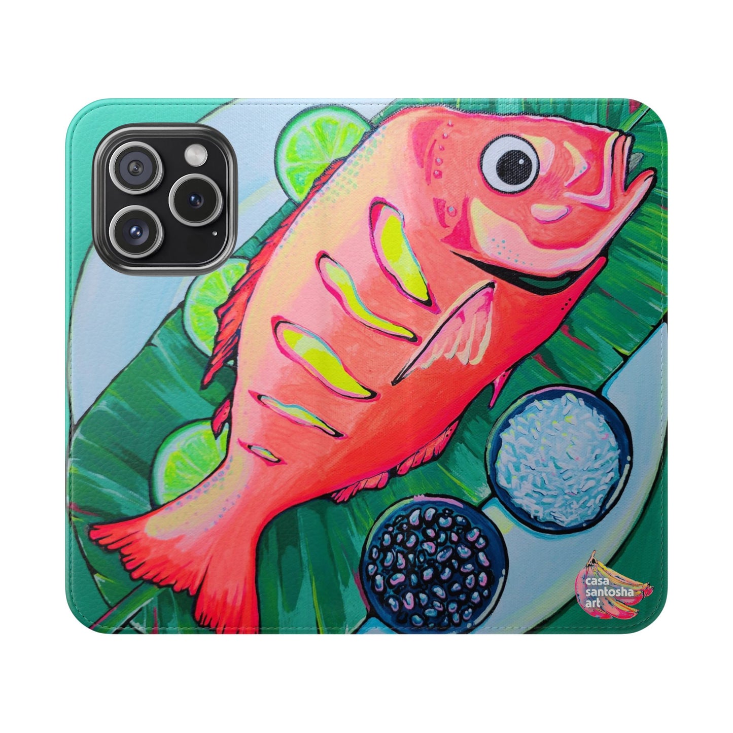Neon Fried Fish Flip Phone Case – Wallet Cover with Card Slots