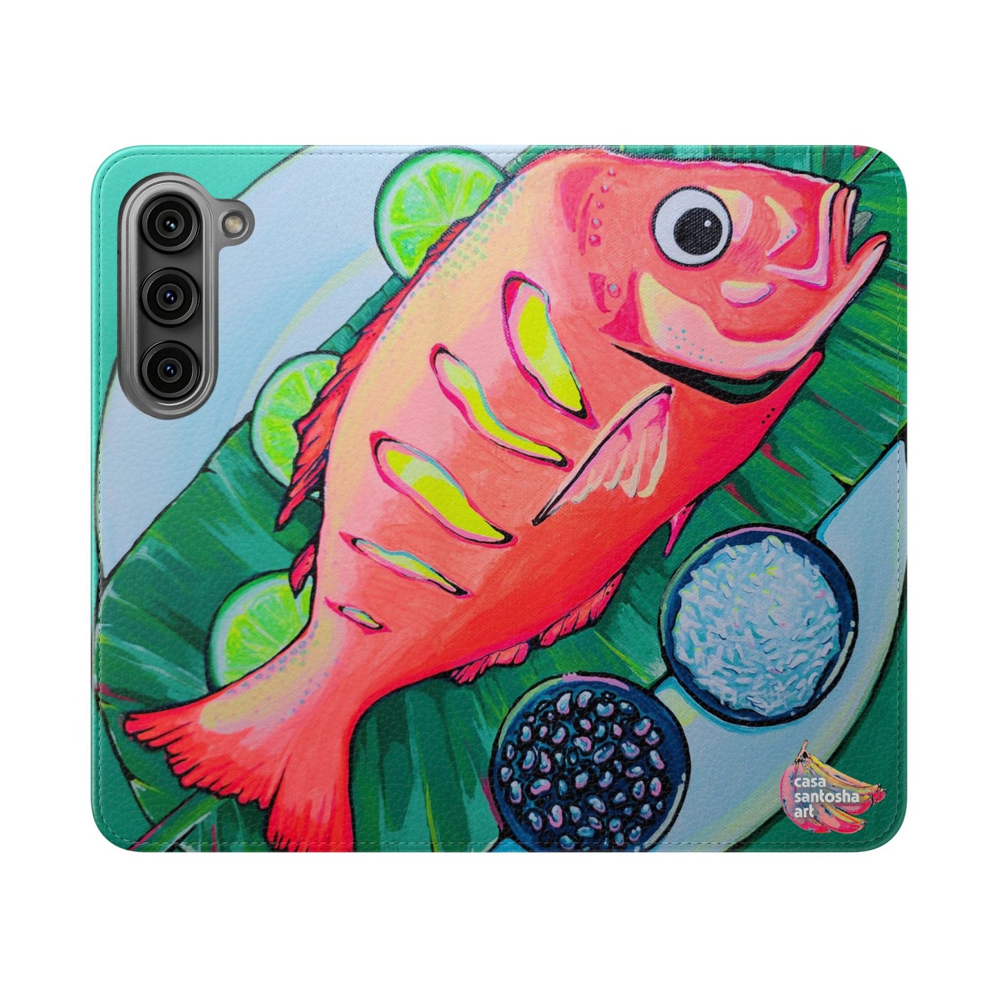 Neon Fried Fish Flip Phone Case – Wallet Cover with Card Slots