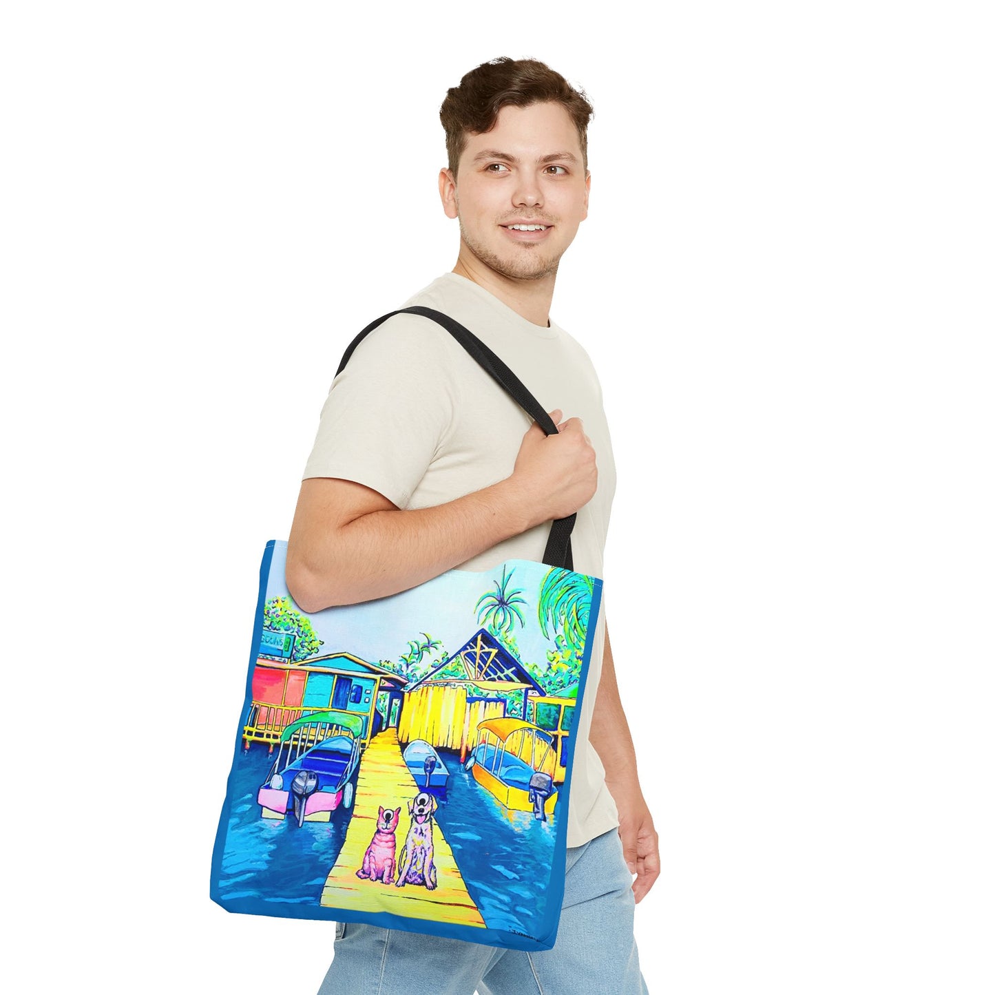 Premium Cyclops Cat and Dog in Bocas Tote Bag, Original Artist Design, Reusable Shopping Tote,  Eco-Friendly