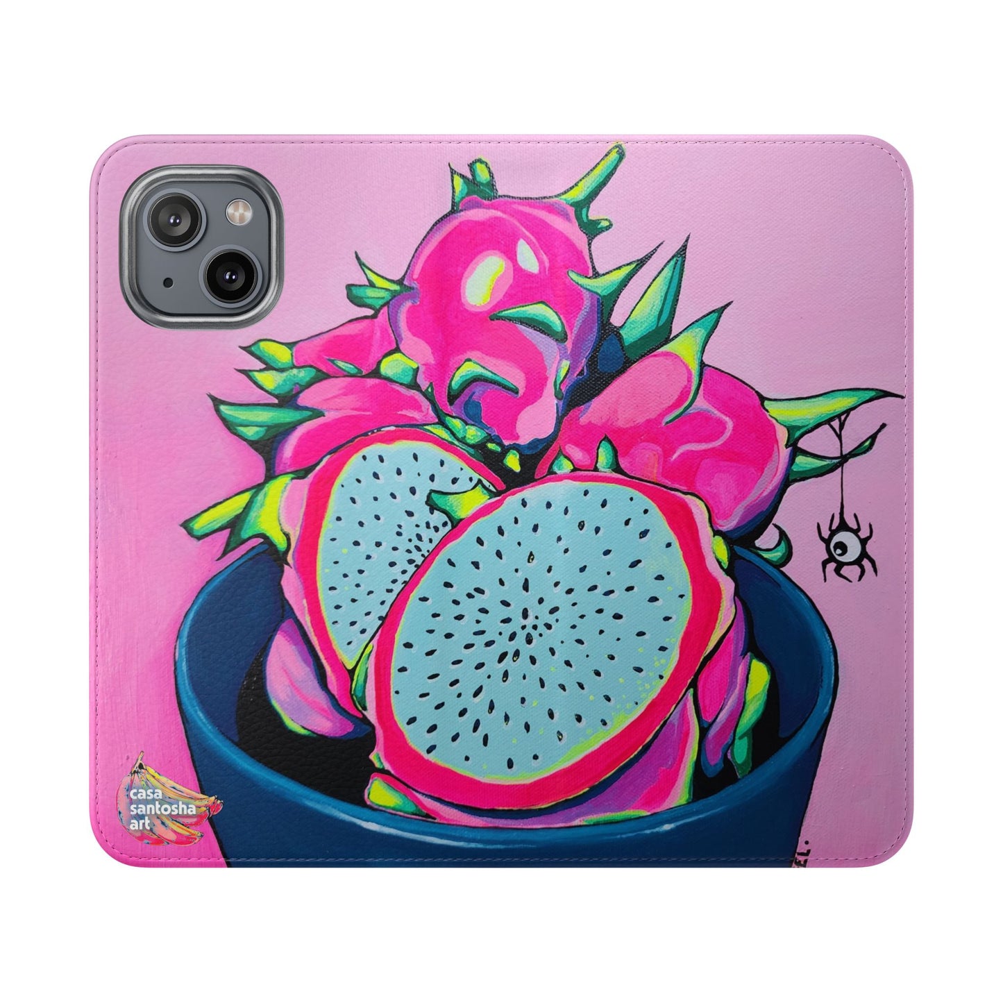 Neon Pink Dragon Fruit Flip Phone Case – Wallet Cover with Card Slots