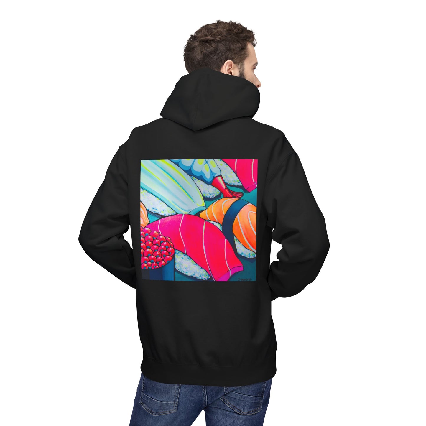 Sweat à capuche doux unisexe néon motif sushis