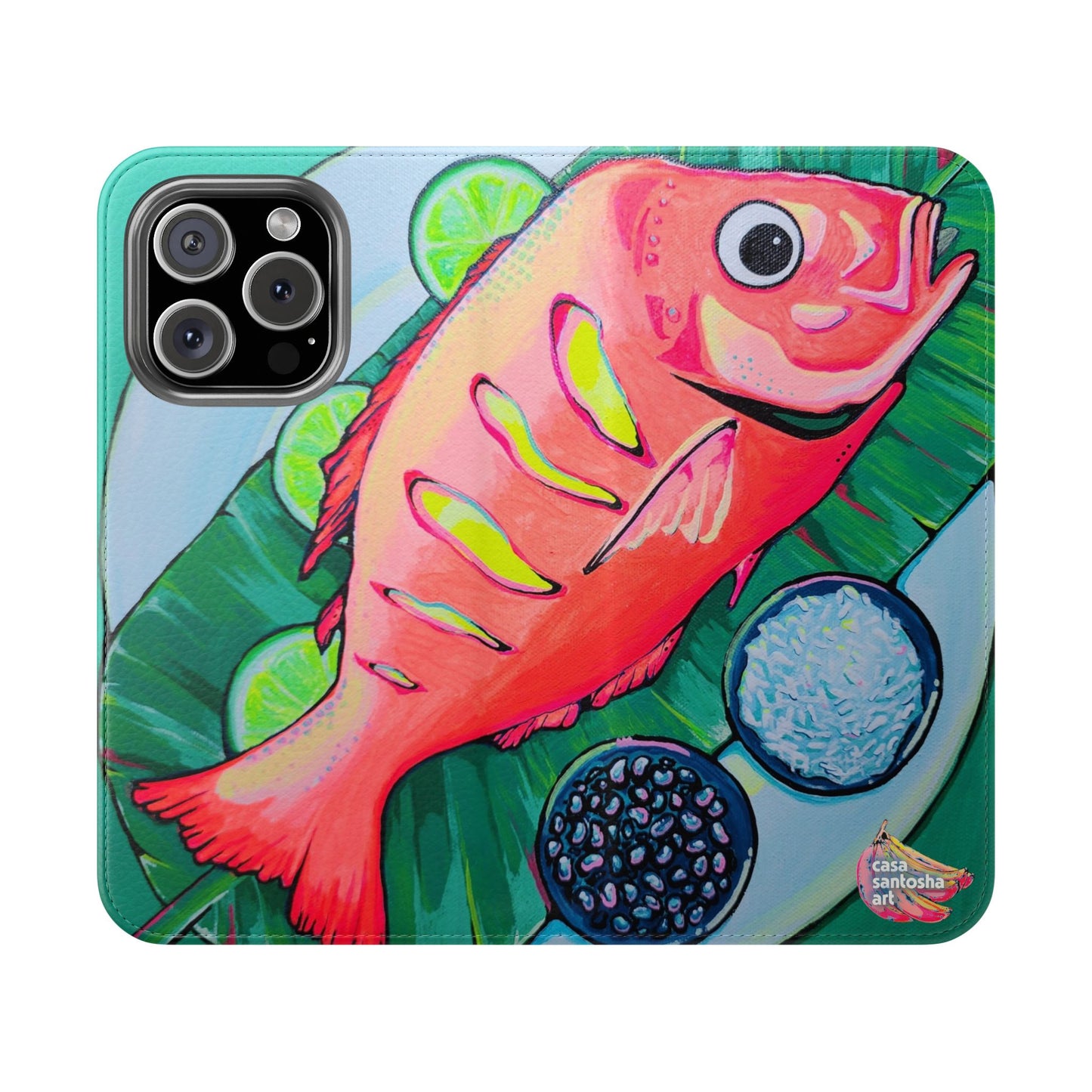 Neon Fried Fish Flip Phone Case – Wallet Cover with Card Slots