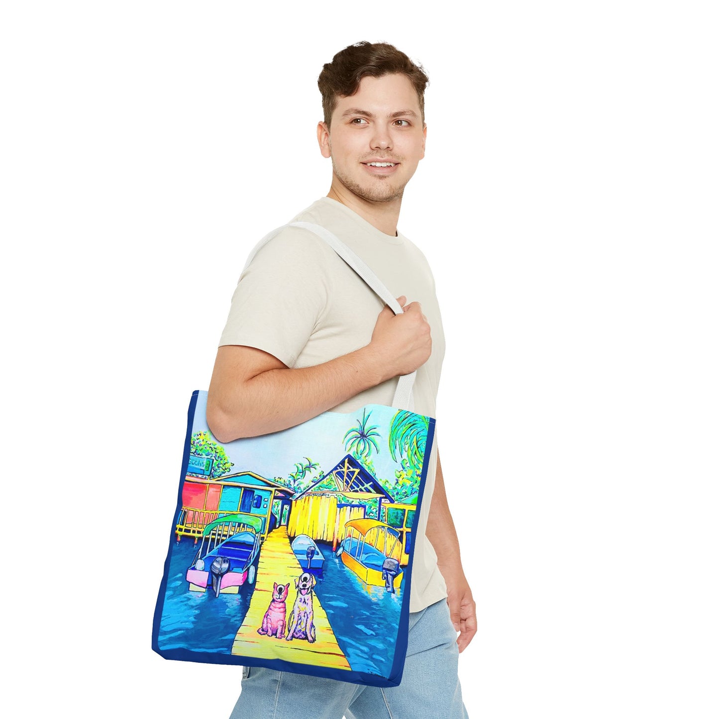 Premium Cyclops Cat and Dog in Bocas Tote Bag, Original Artist Design, Reusable Shopping Tote,  Eco-Friendly