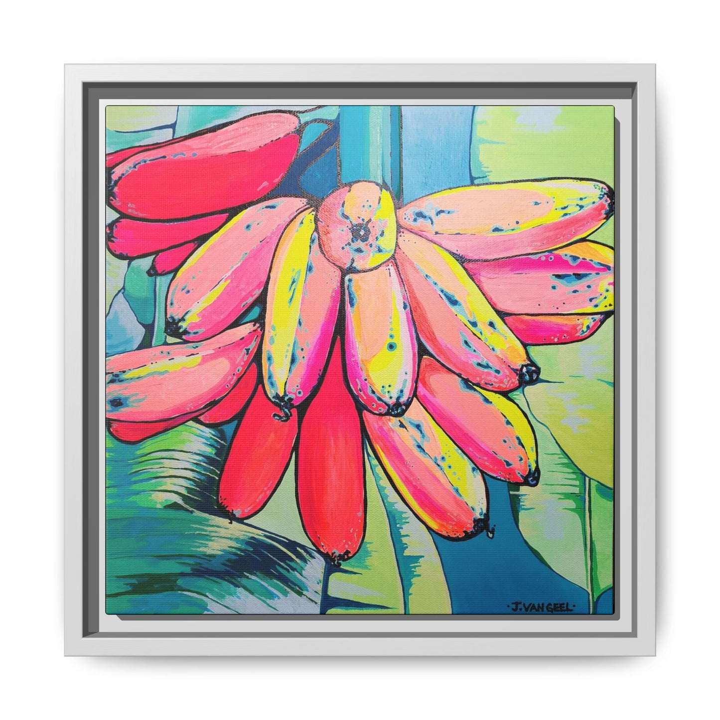 Framed Neon Primitivo Bananas Canvas Print