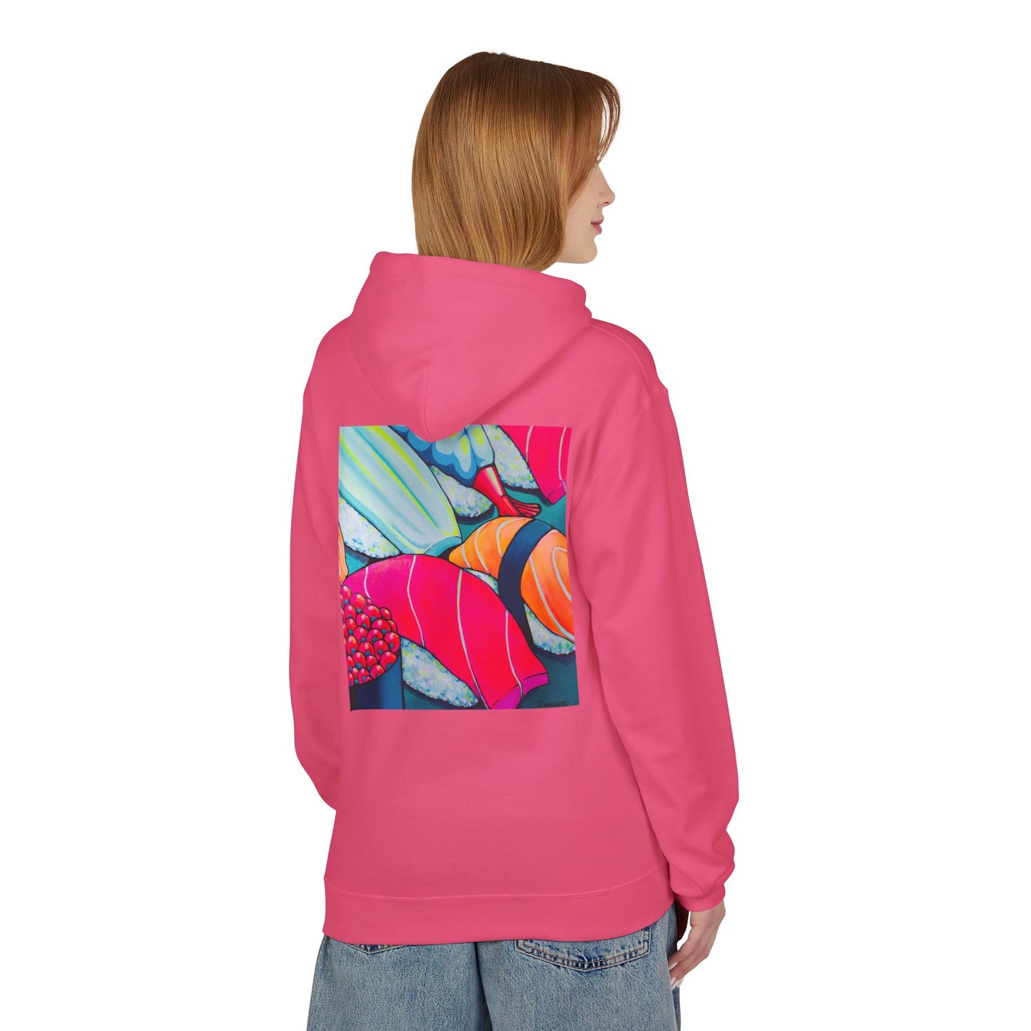 Sweat à capuche doux unisexe néon motif sushis