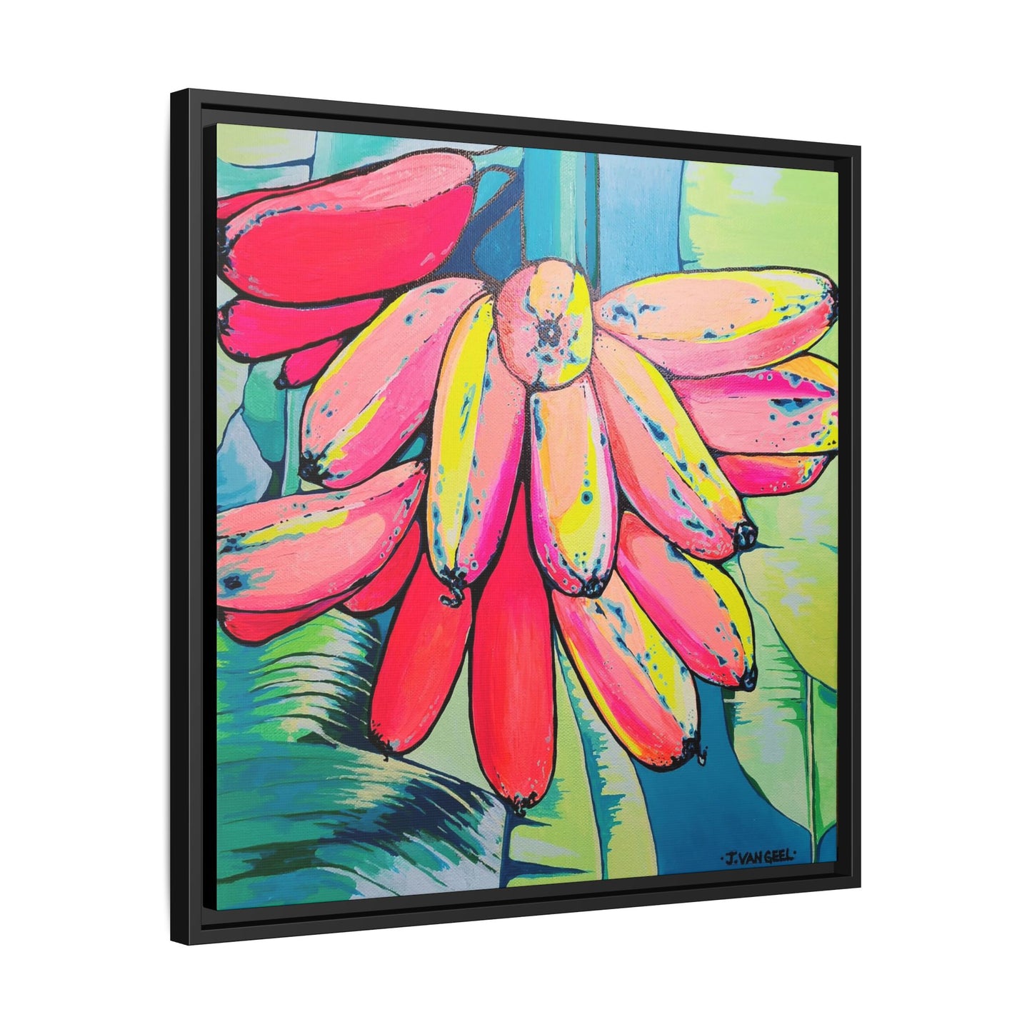 Framed Neon Primitivo Bananas Canvas Print