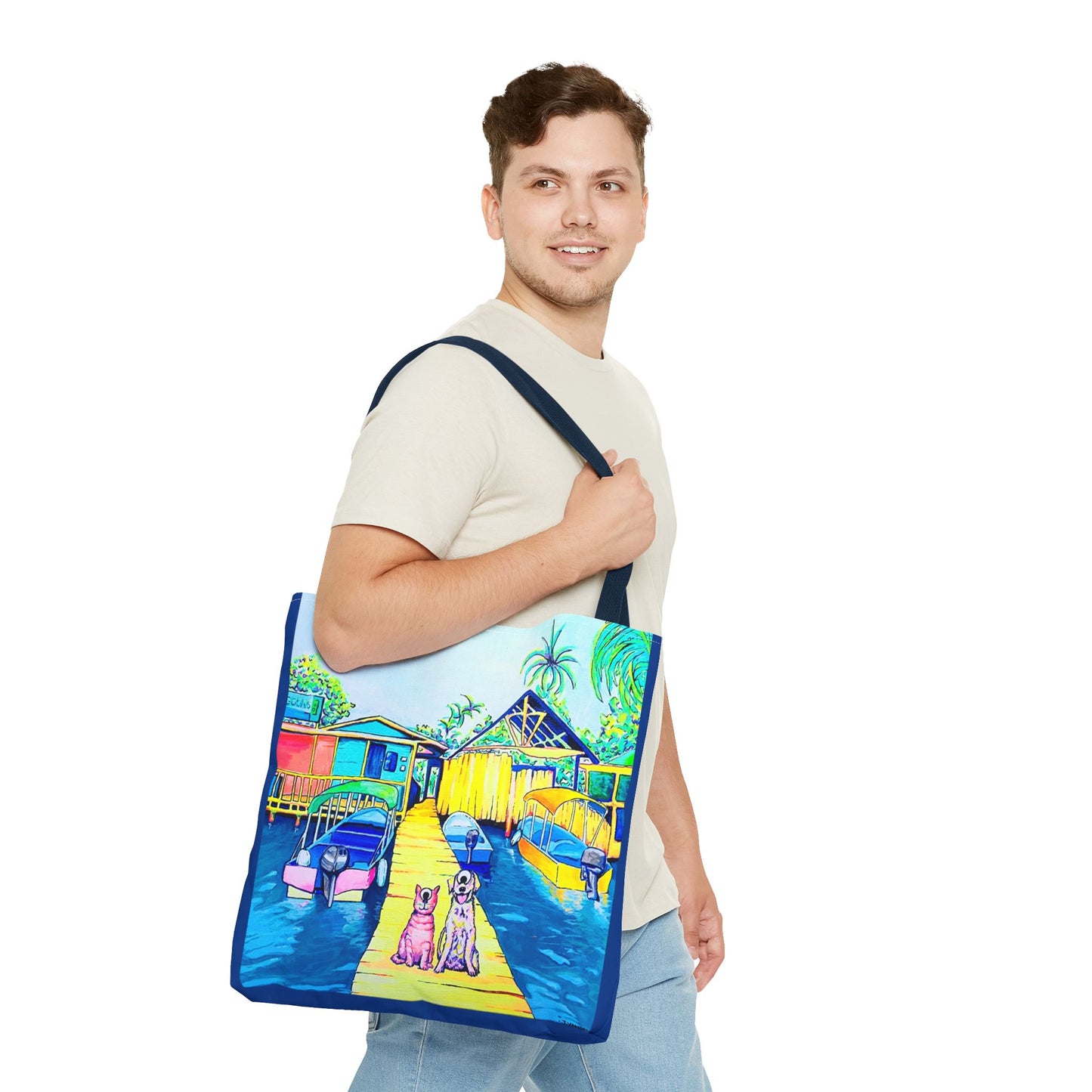 Premium Cyclops Cat and Dog in Bocas Tote Bag, Original Artist Design, Reusable Shopping Tote,  Eco-Friendly