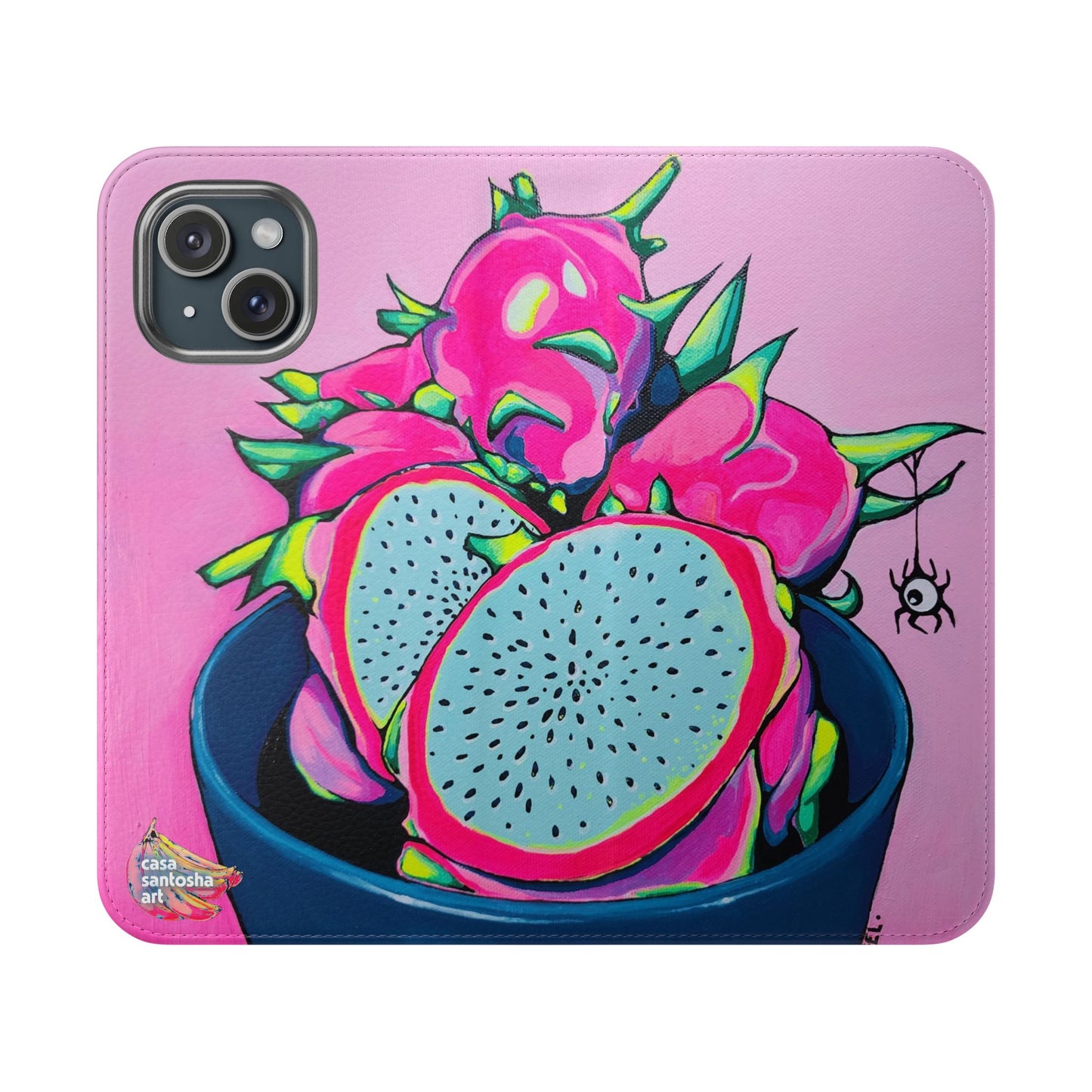 Neon Pink Dragon Fruit Flip Phone Case – Wallet Cover with Card Slots