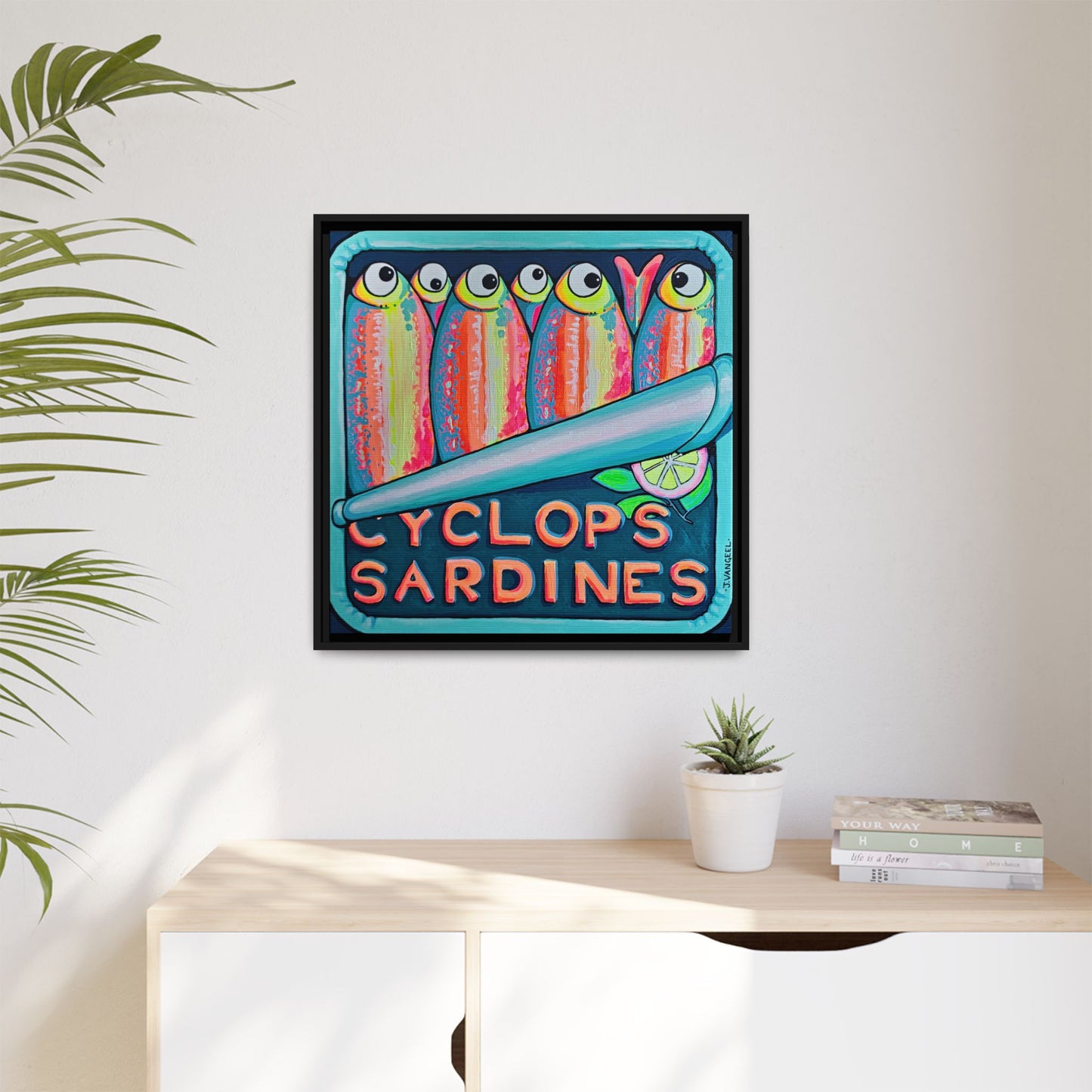 Framed Neon Sardines Canvas Print