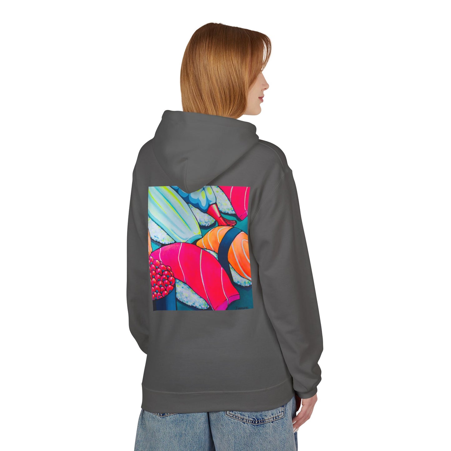 Sweat à capuche doux unisexe néon motif sushis