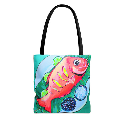 Premium Vibrant Fried Fish Tote Bag, Original Artist Design, Reusable Shopping Tote, Eco-Friendly