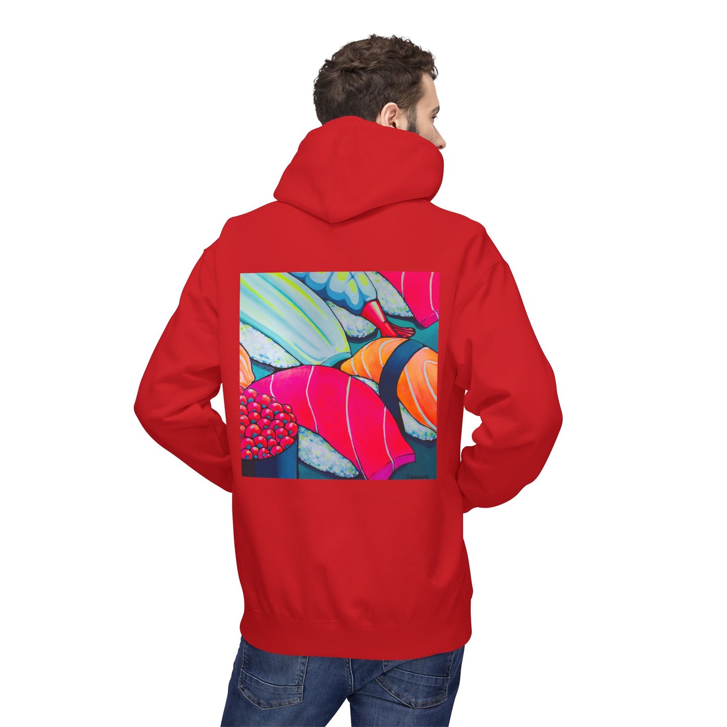 Sweat à capuche doux unisexe néon motif sushis