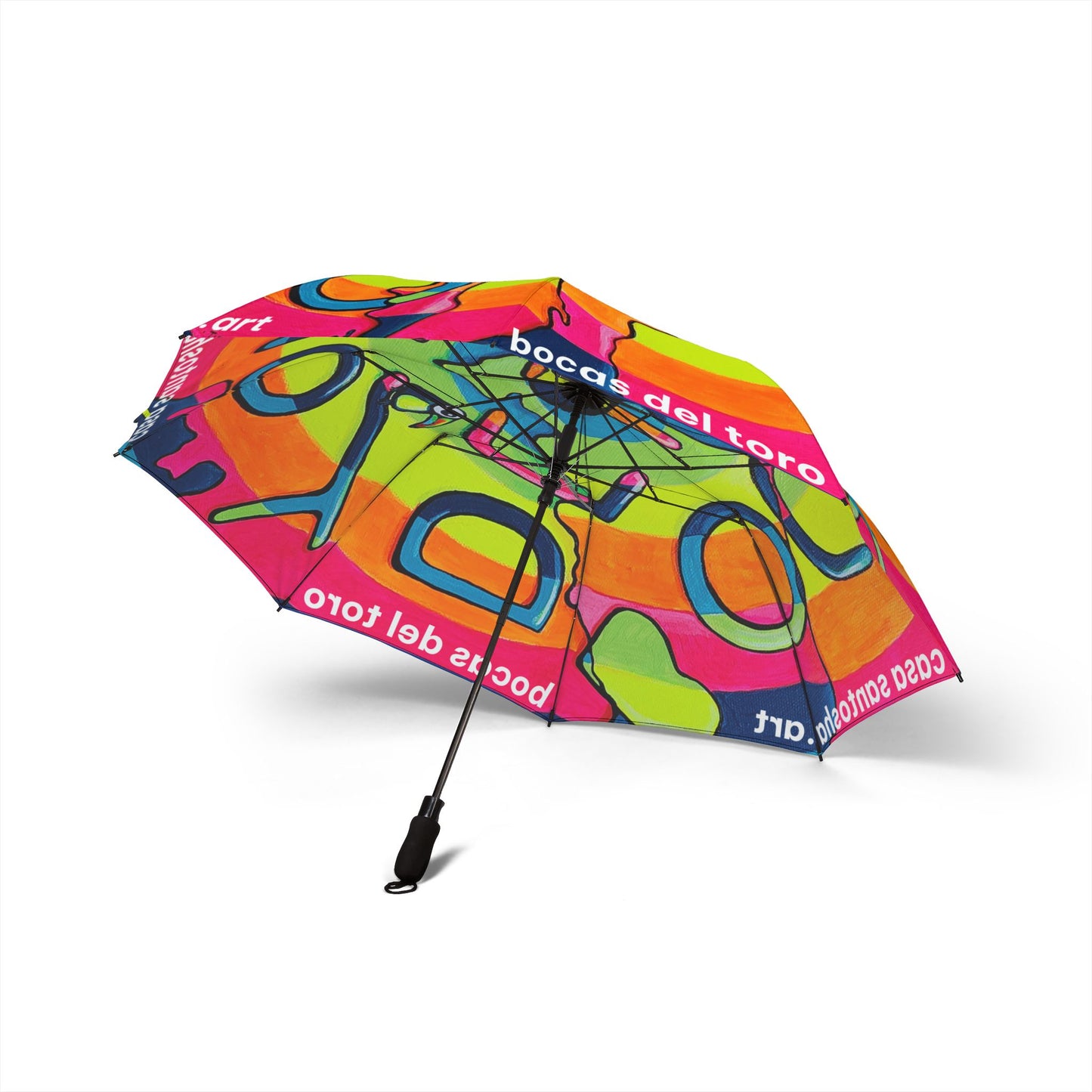Colorful umbrella with abstract design and 'bocas del toro' branding on a white background