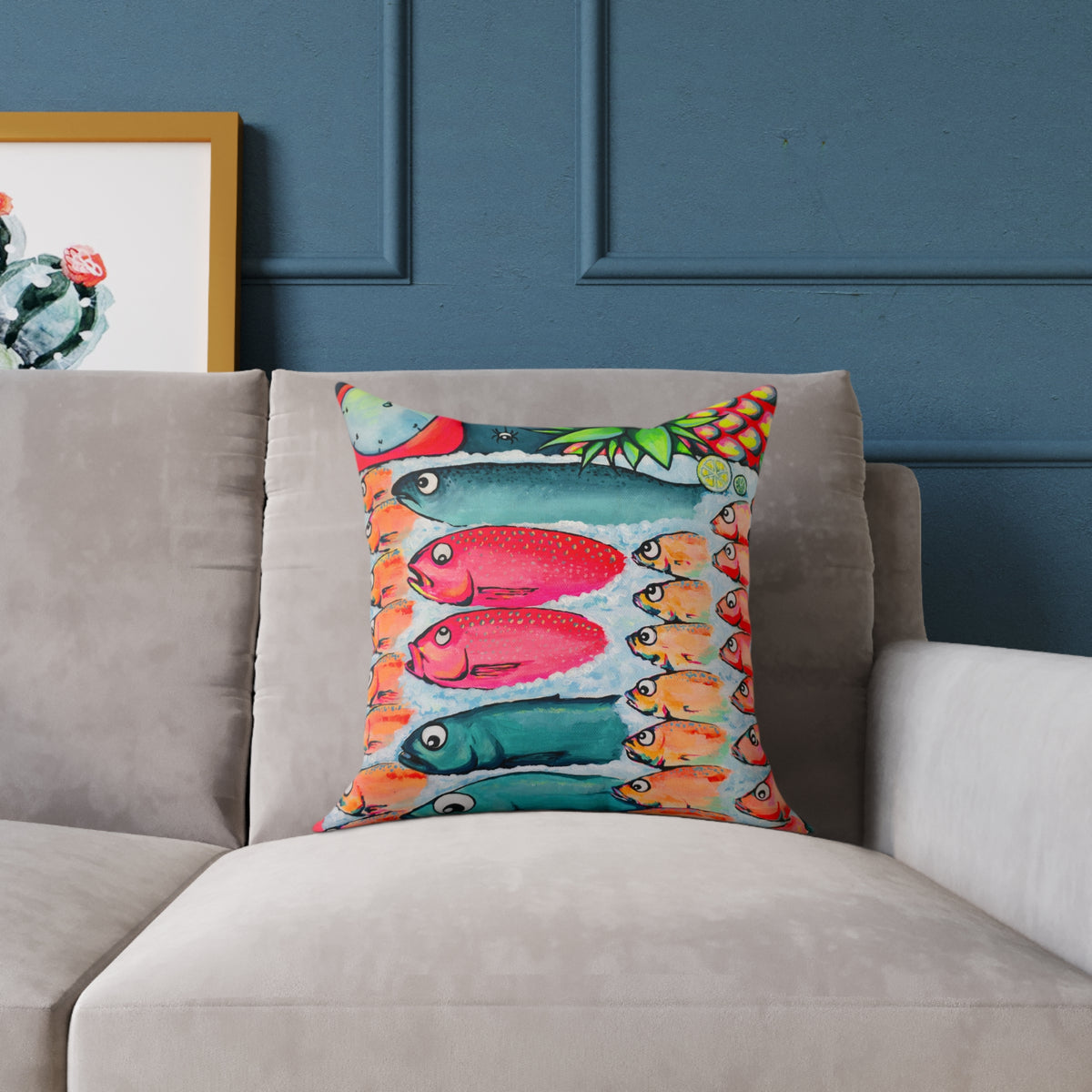 Neon Cabo Fish Market Art Canvas Decorative Pillow