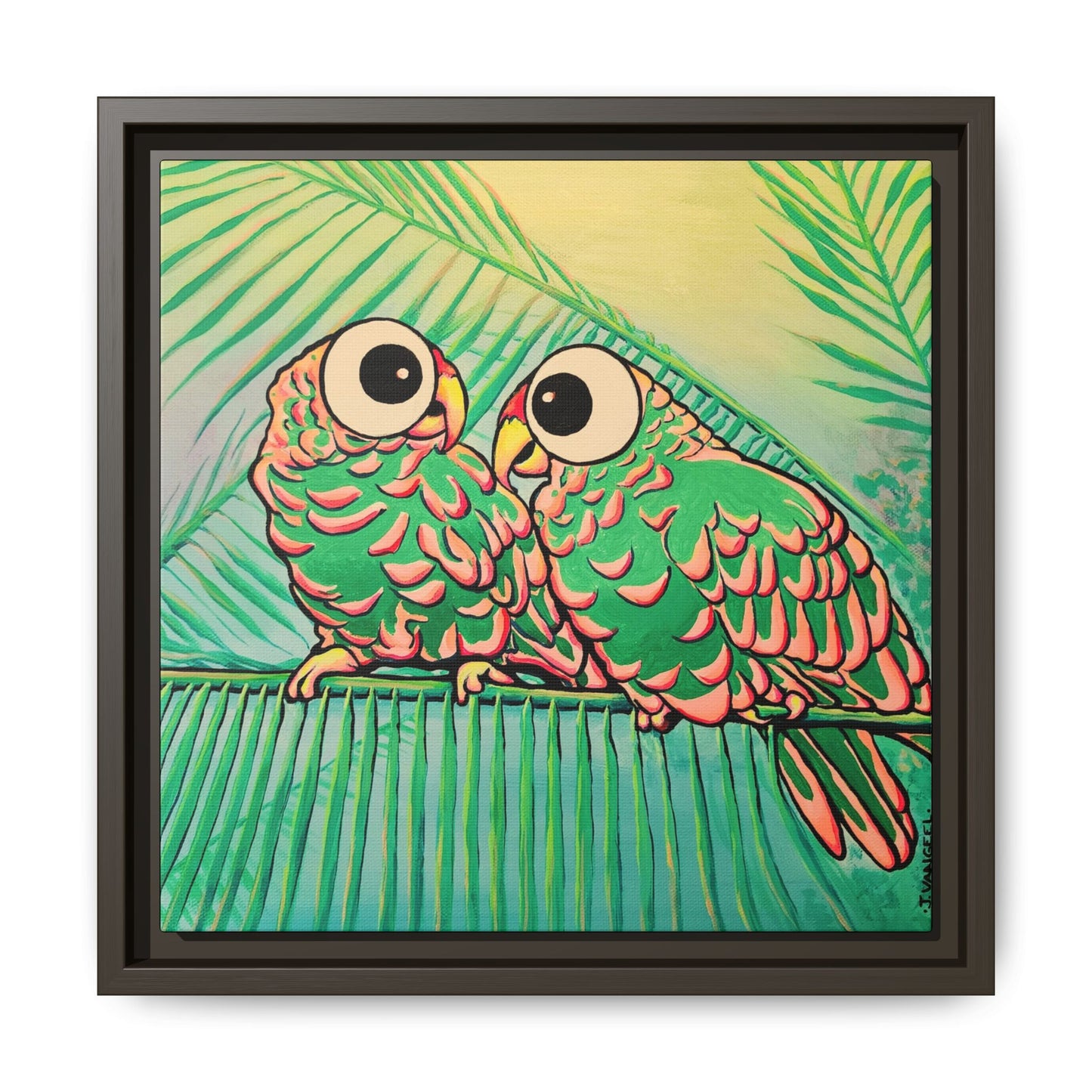 Framed Chatty Cyclops Parrots Canvas Print
