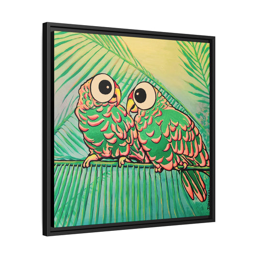 Framed Chatty Cyclops Parrots Canvas Print