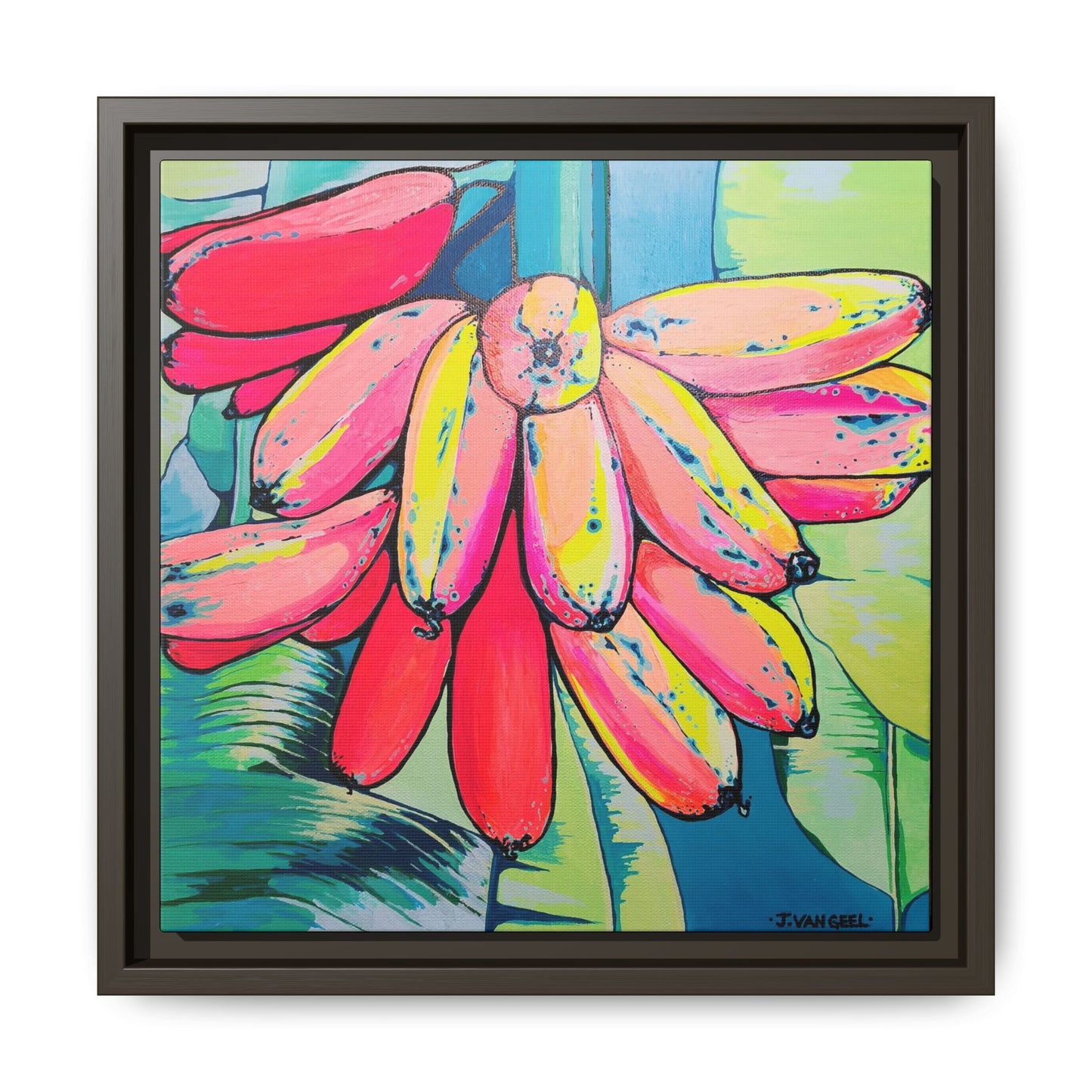 Framed Neon Primitivo Bananas Canvas Print