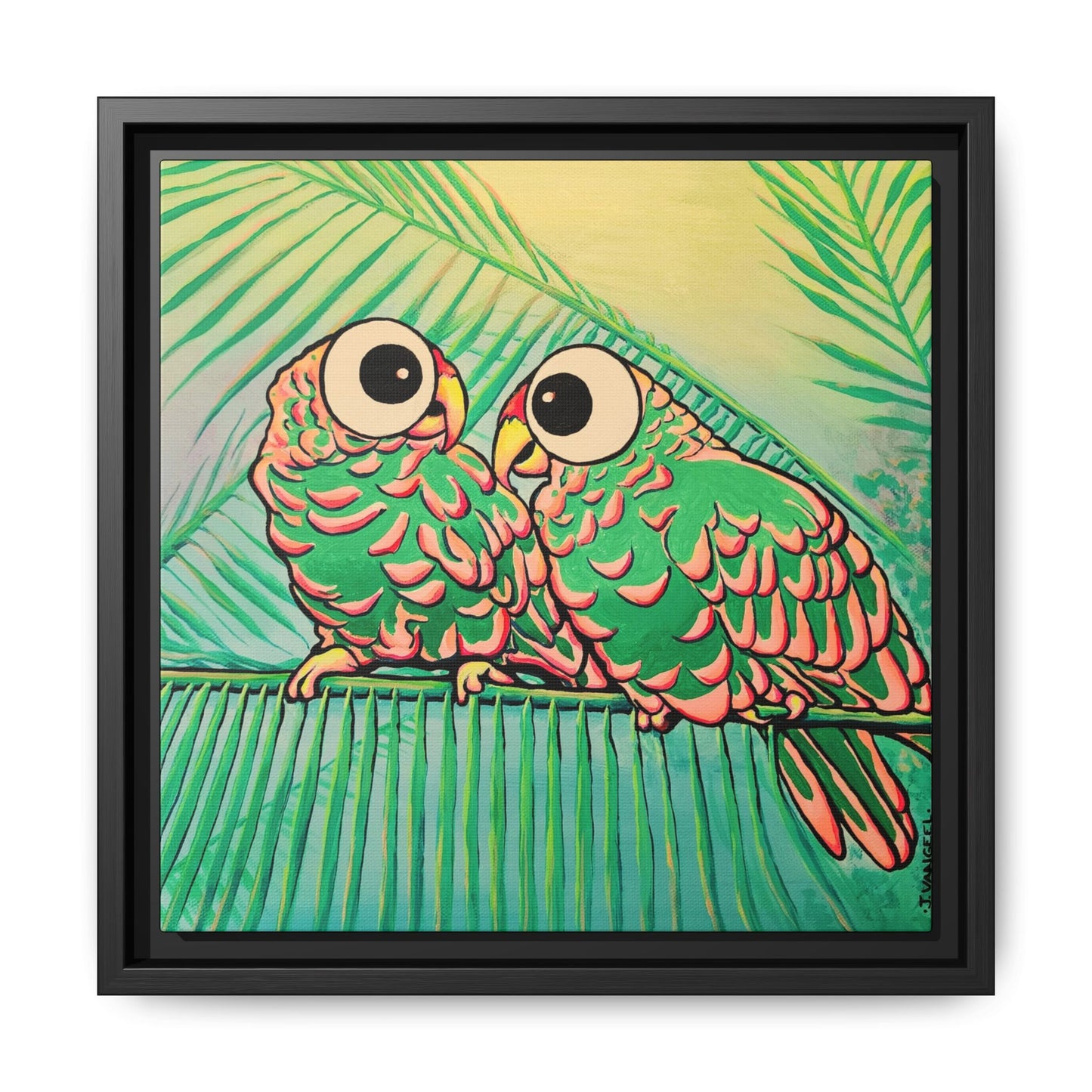 Framed Chatty Cyclops Parrots Canvas Print