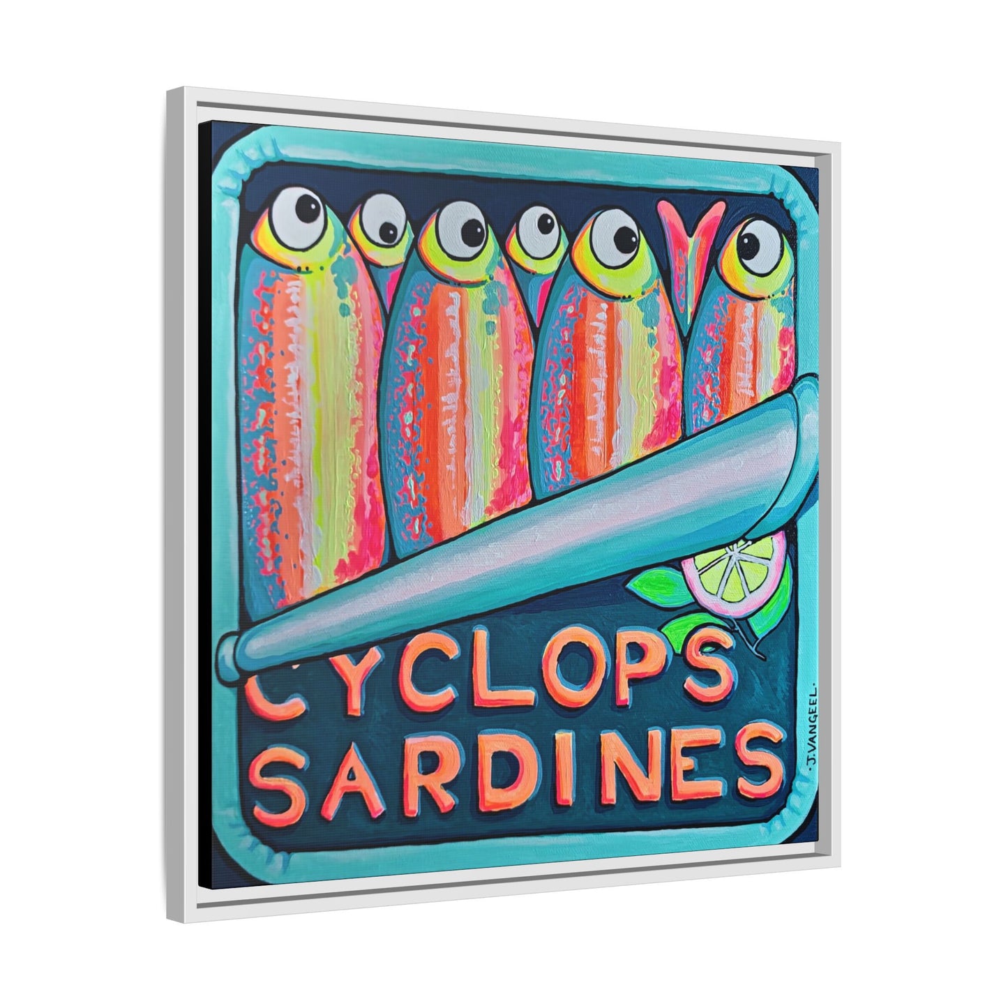 Framed Neon Sardines Canvas Print