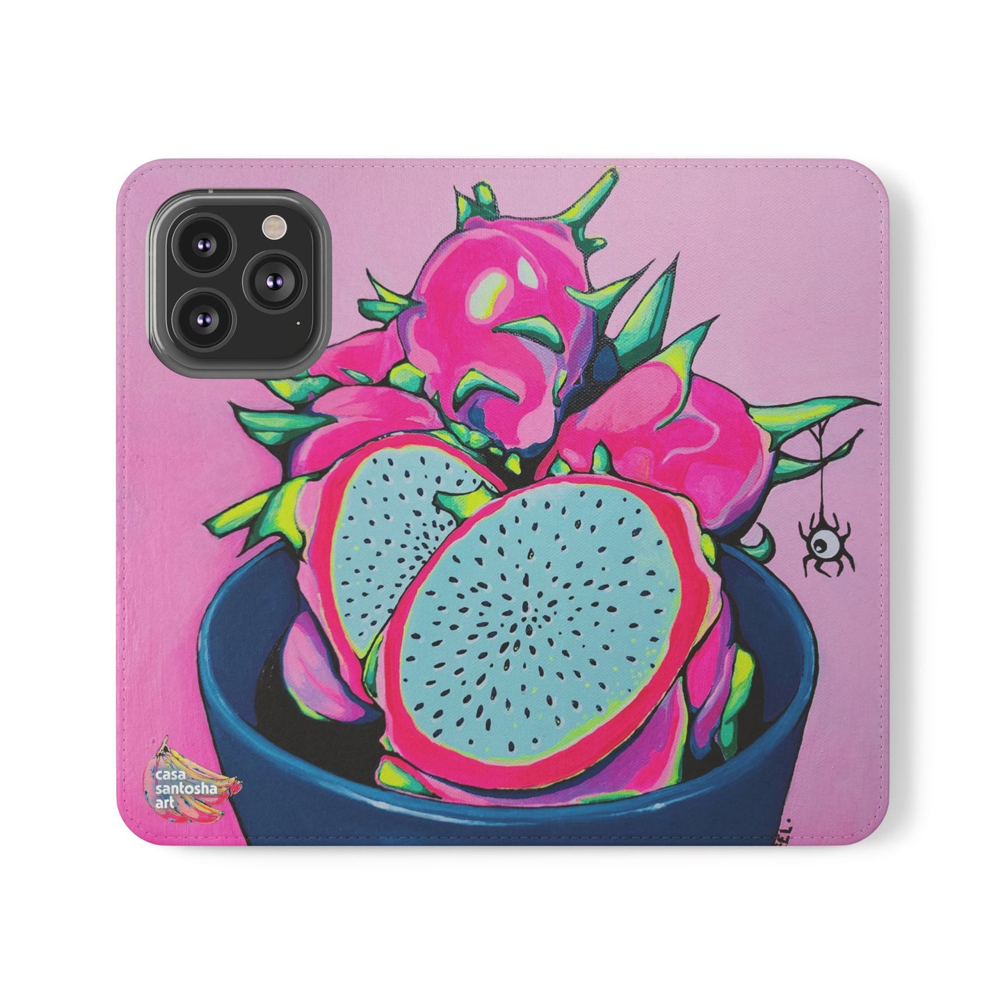 Neon Pink Dragon Fruit Flip Phone Case – Wallet Cover with Card Slots