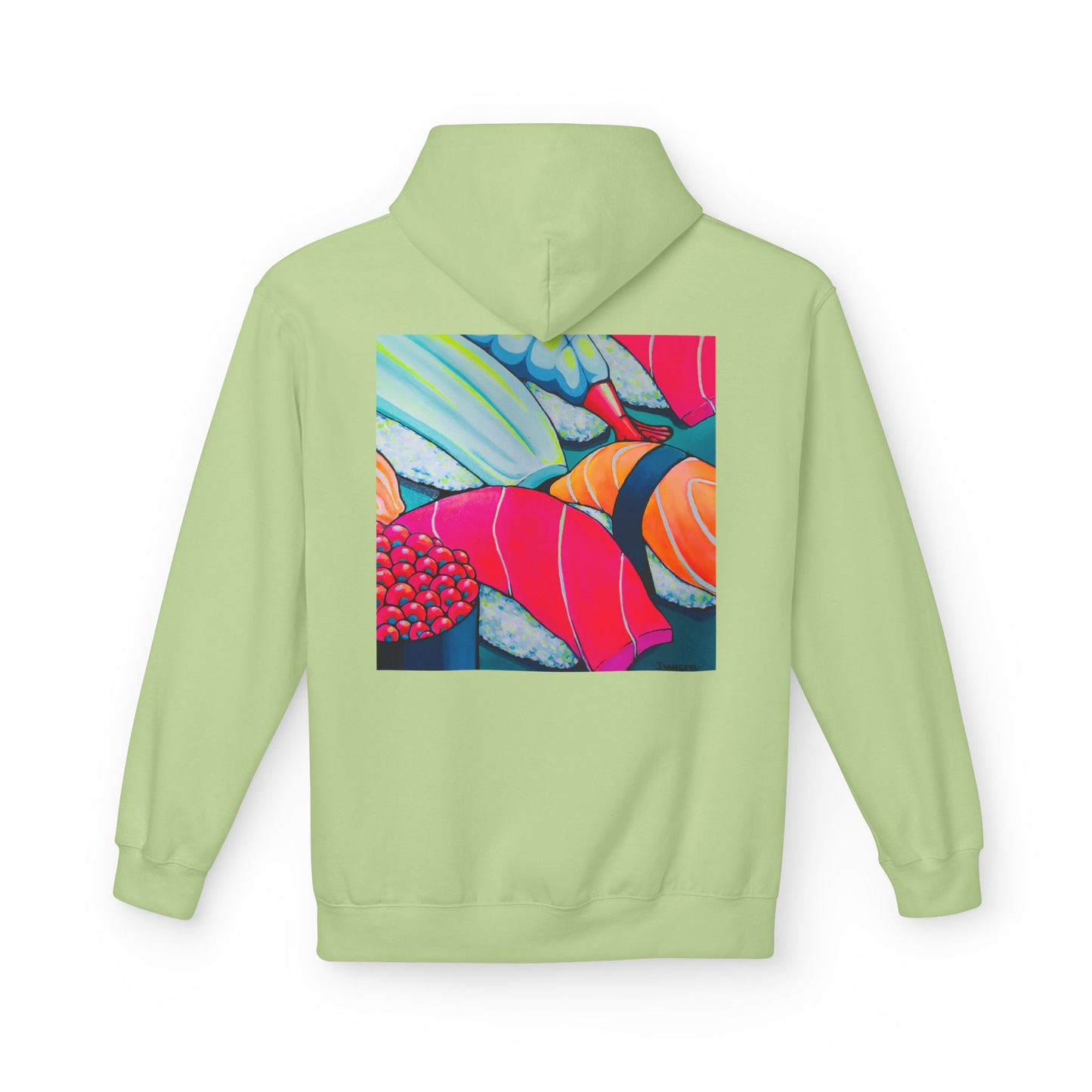 Sweat à capuche doux unisexe néon motif sushis