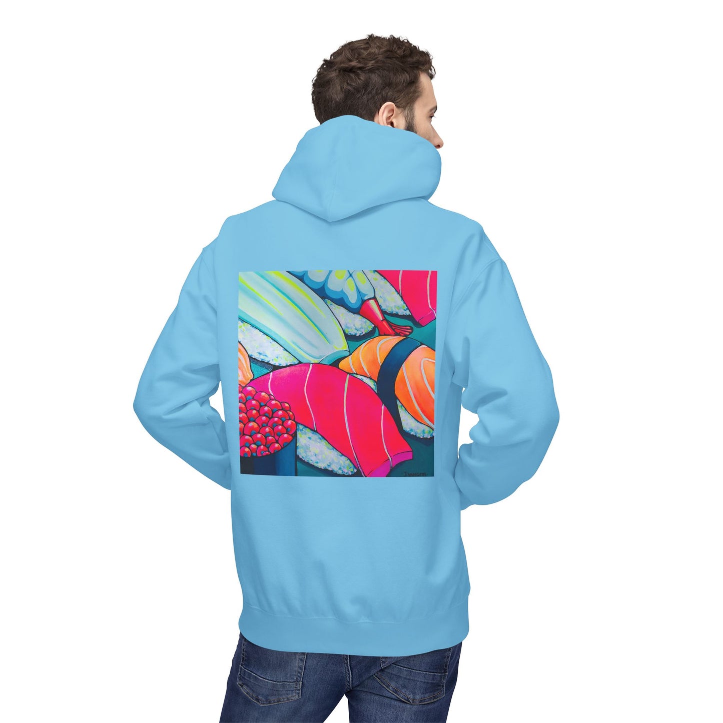 Sweat à capuche doux unisexe néon motif sushis