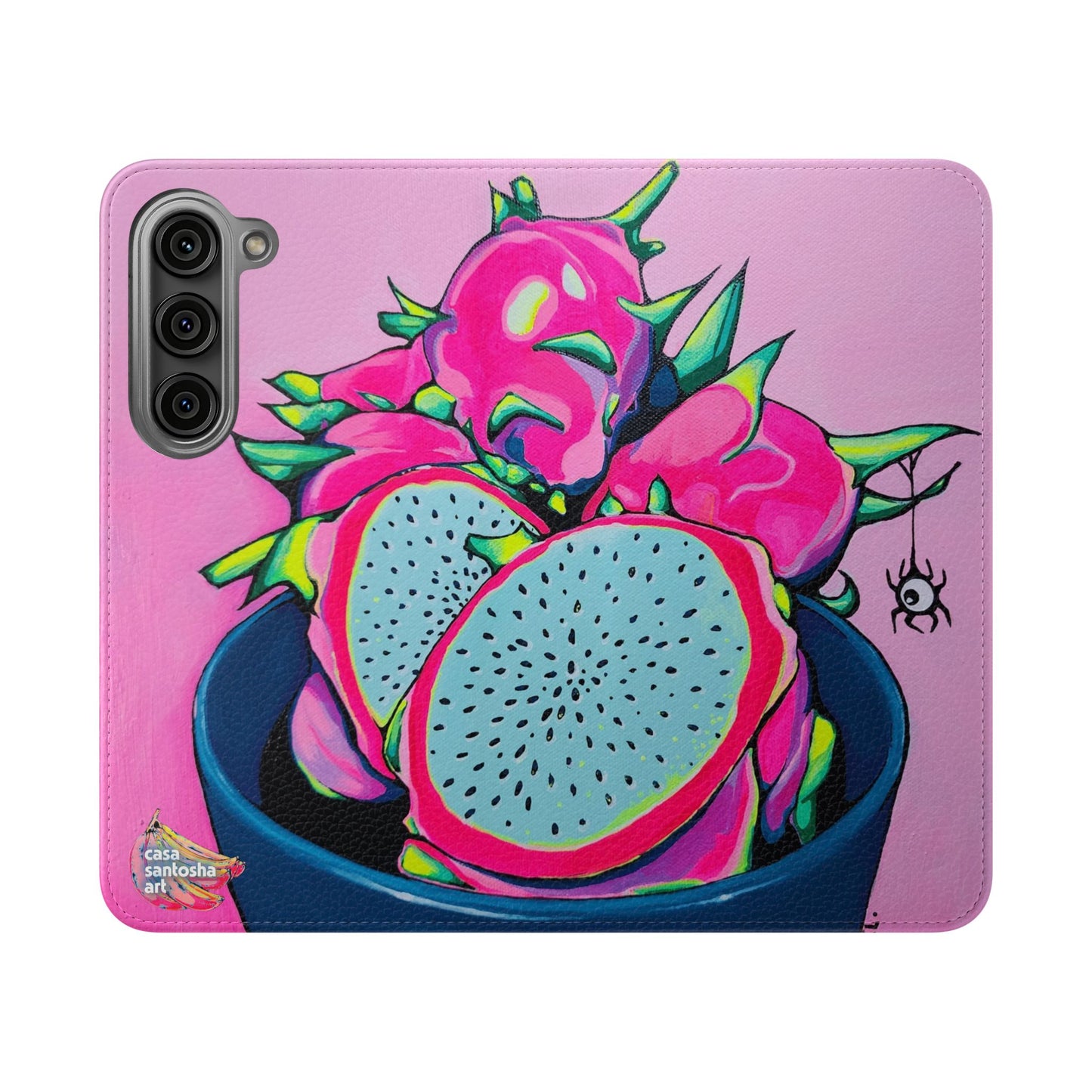 Neon Pink Dragon Fruit Flip Phone Case – Wallet Cover with Card Slots