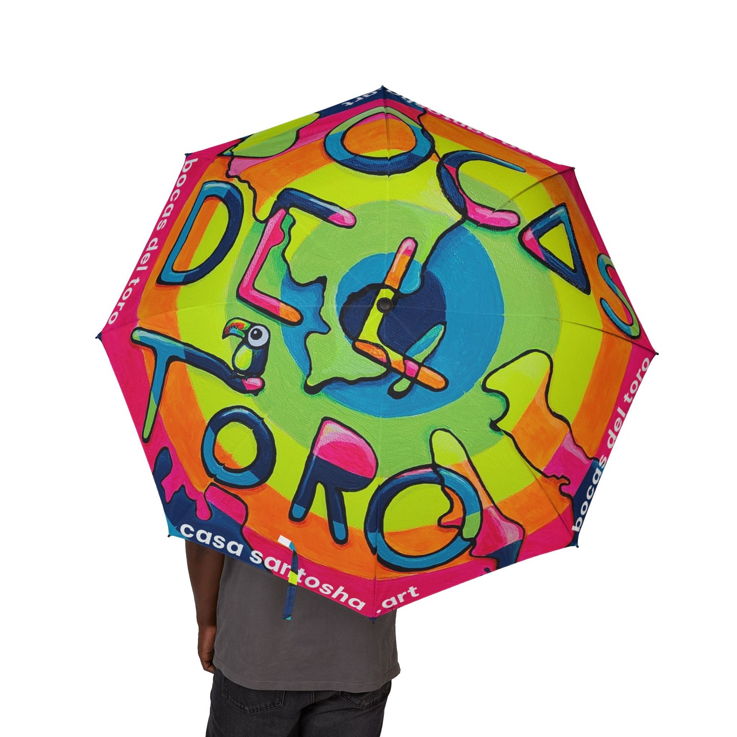 Colorful umbrella with abstract designs and text on a white background