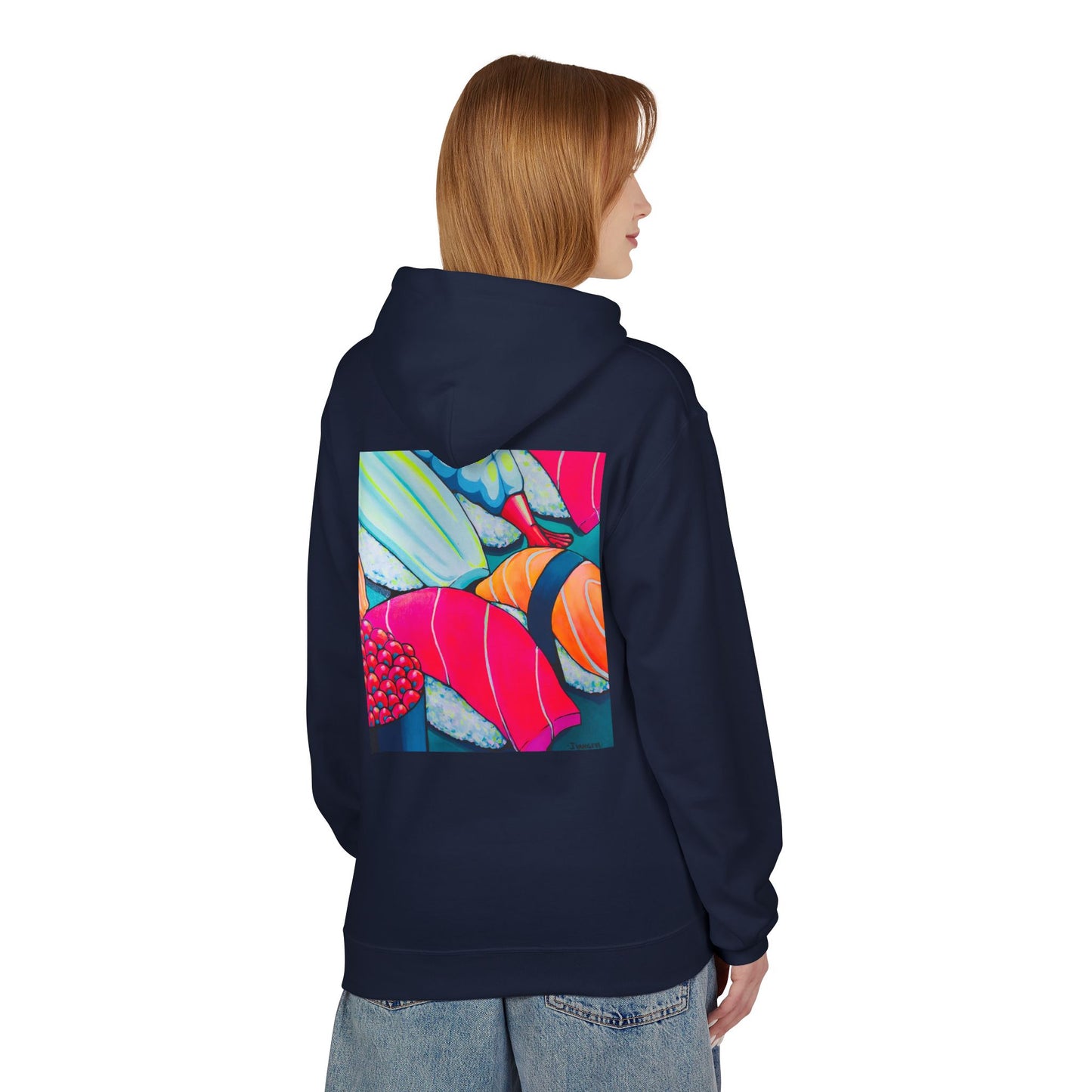 Sweat à capuche doux unisexe néon motif sushis