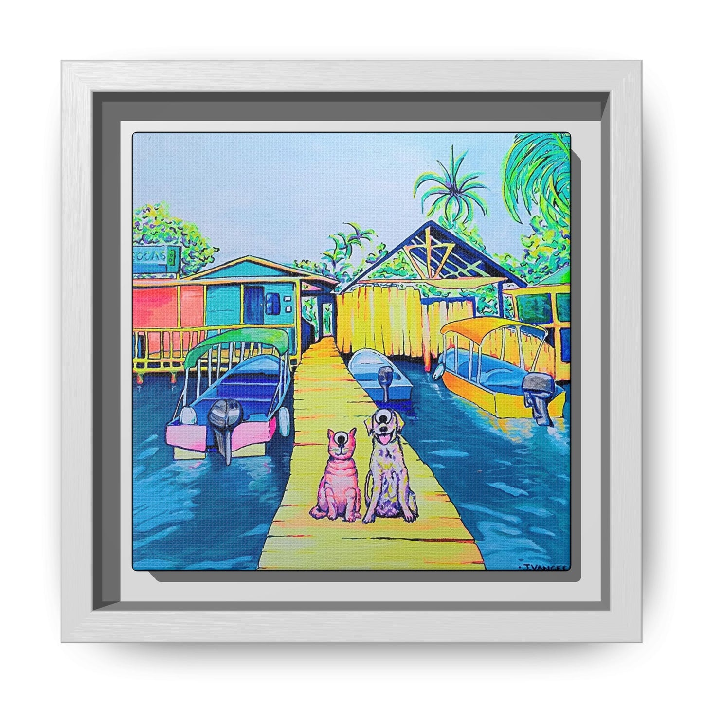 Framed Cyclops Cat and Dog in Bocas Canvas Print