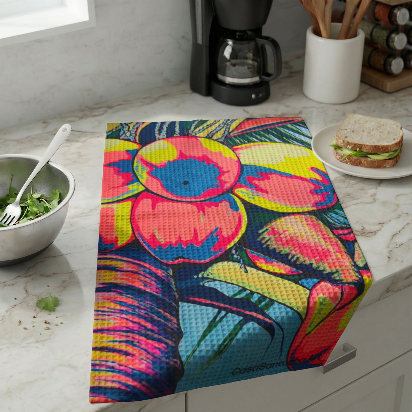 Neon Coconuts Waffle Weave Kitchen Hand Towel