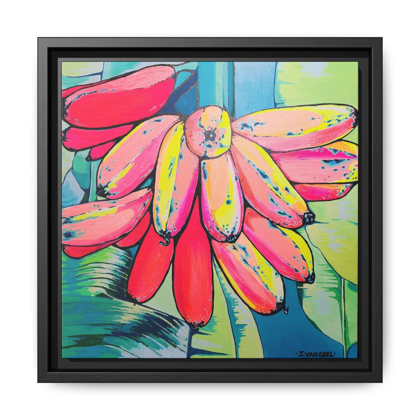 Framed Neon Primitivo Bananas Canvas Print