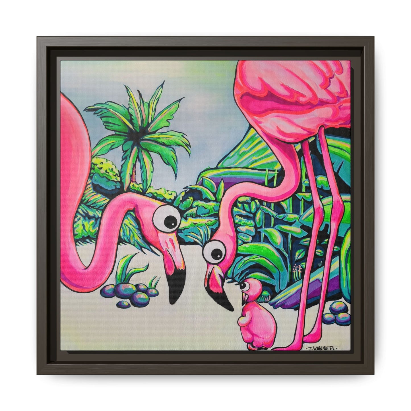 Framed Cyclops Flamingo Family Canvas Print