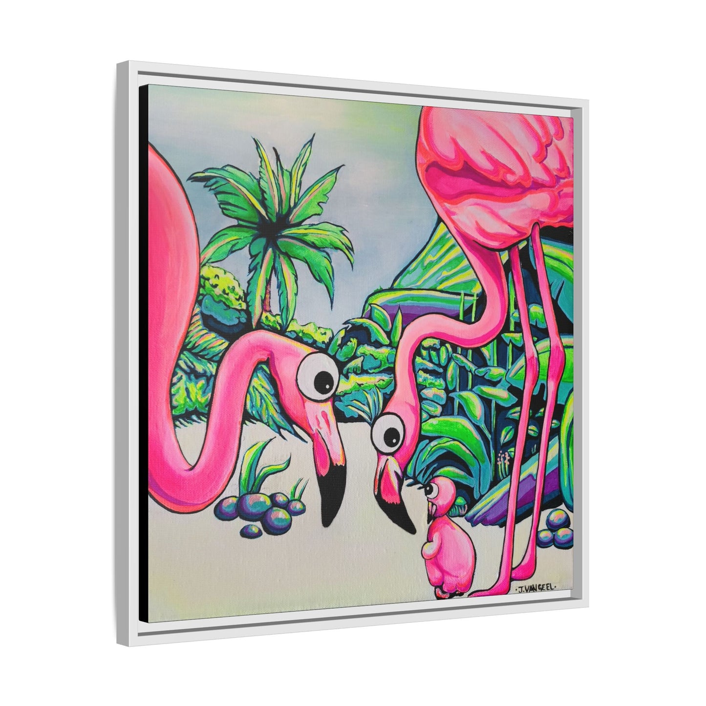 Framed Cyclops Flamingo Family Canvas Print