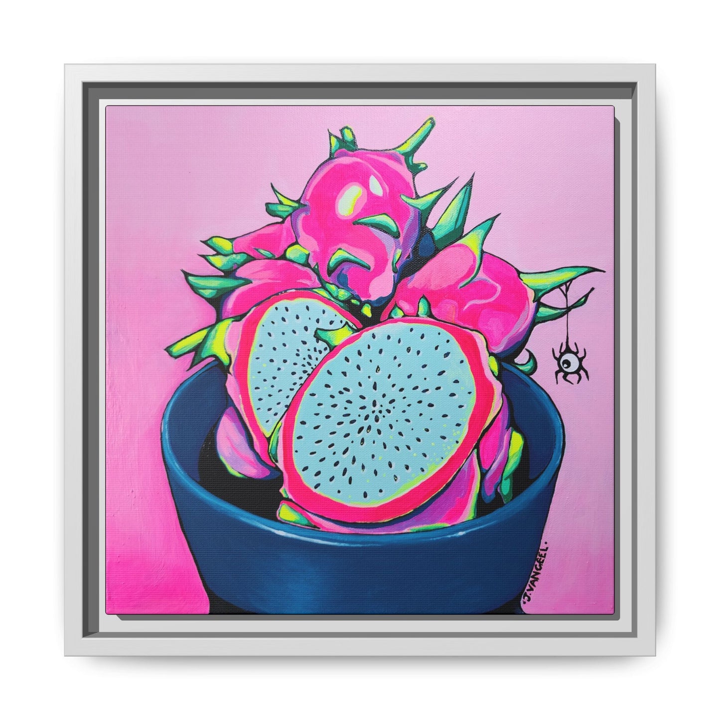 Framed Neon Pink Dragon Fruit Canvas Print