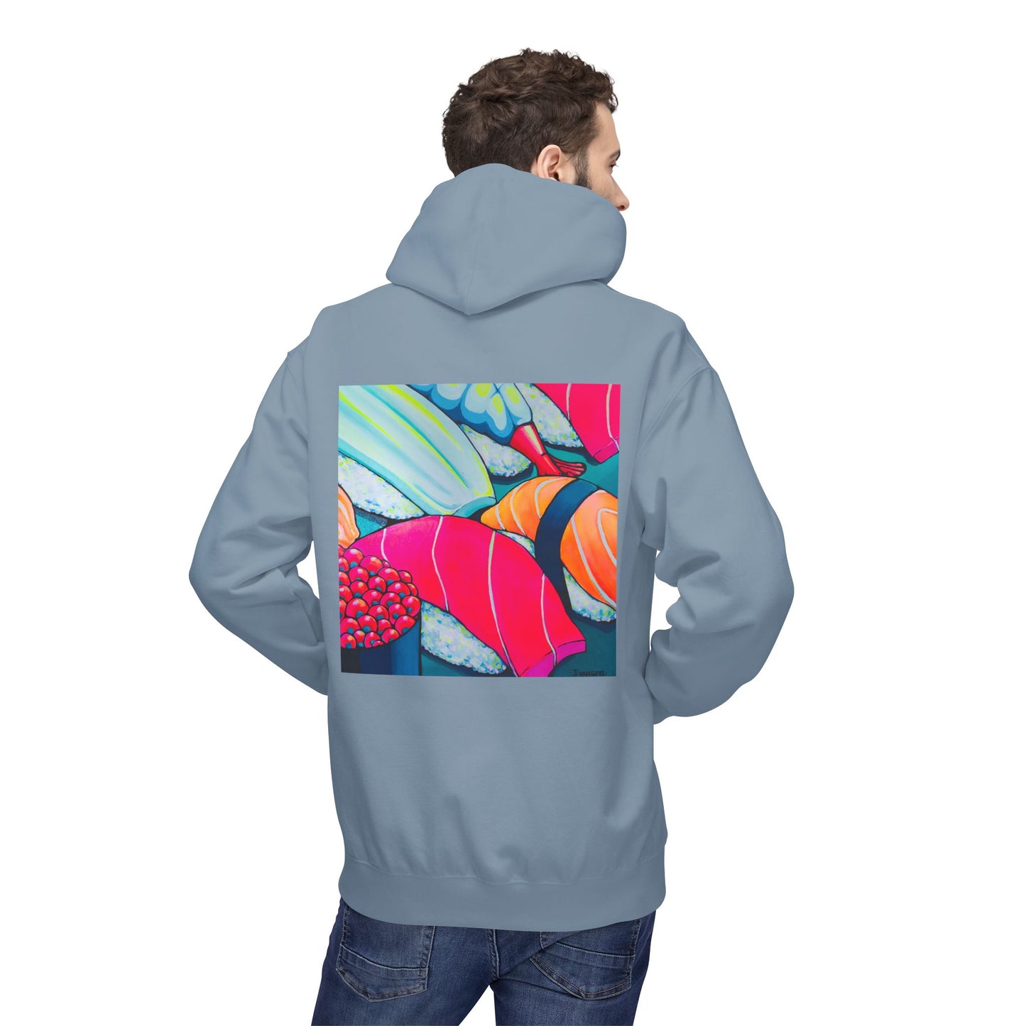 Sweat à capuche doux unisexe néon motif sushis