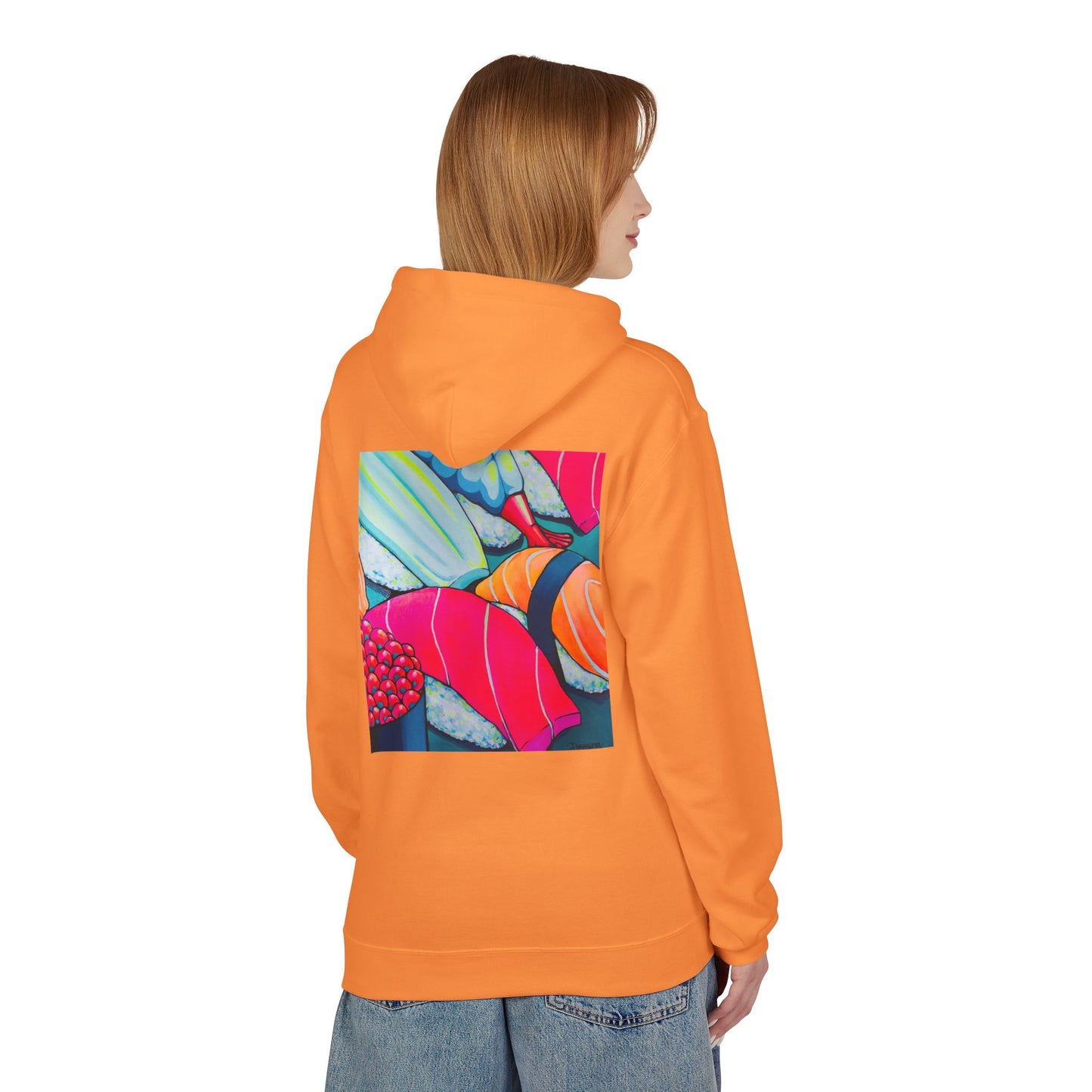 Sweat à capuche doux unisexe néon motif sushis