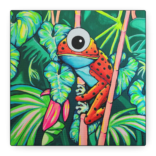 Colorful Tropical Red Frog Canvas Print, Original Artist Design, Home Decor Wall Art