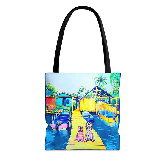 Premium Cyclops Cat and Dog on Tropical Island Tote Bag, Original Artist Design, Reusable Shopping Tote,  Eco-Friendly