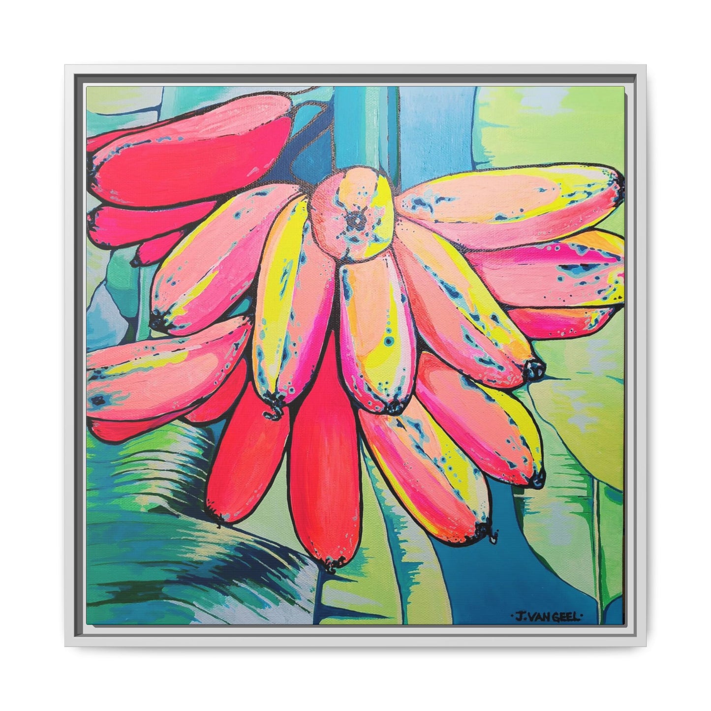 Framed Neon Primitivo Bananas Canvas Print