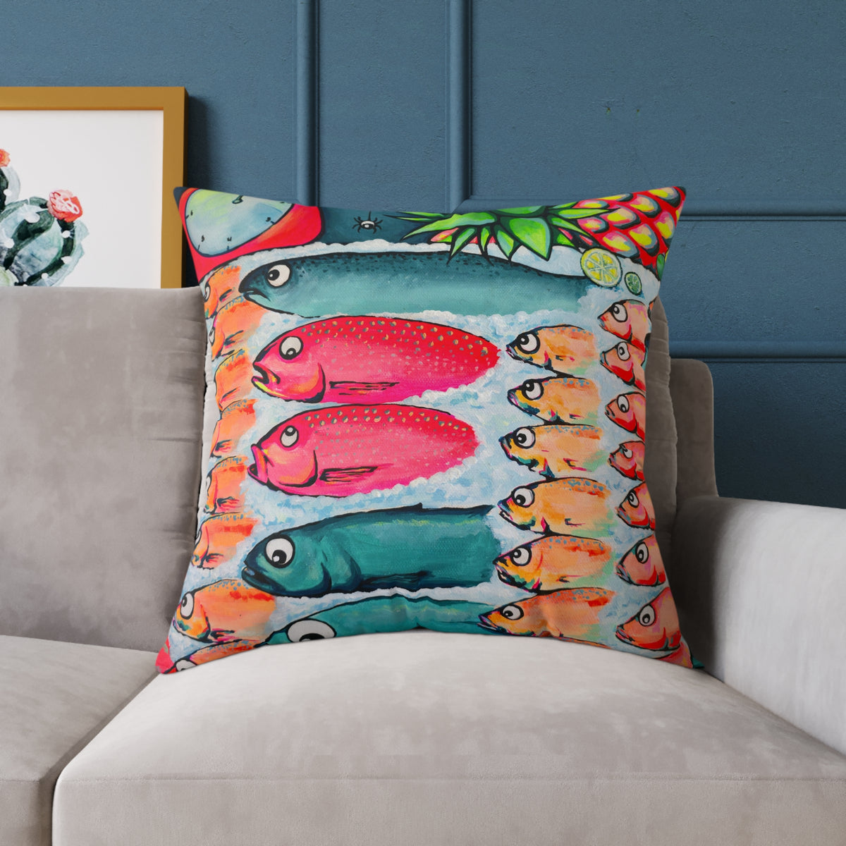 Neon Cabo Fish Market Art Canvas Decorative Pillow