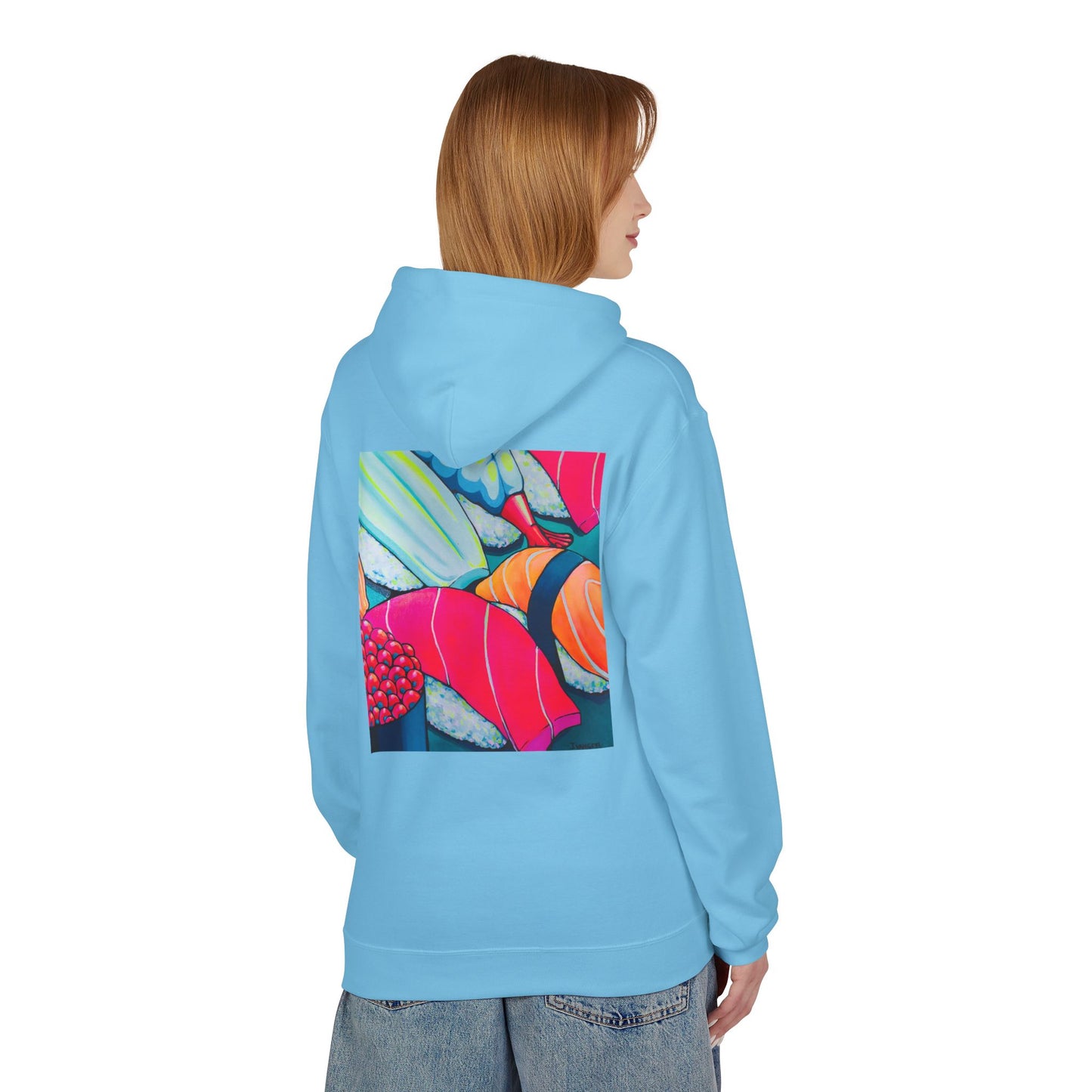 Sweat à capuche doux unisexe néon motif sushis