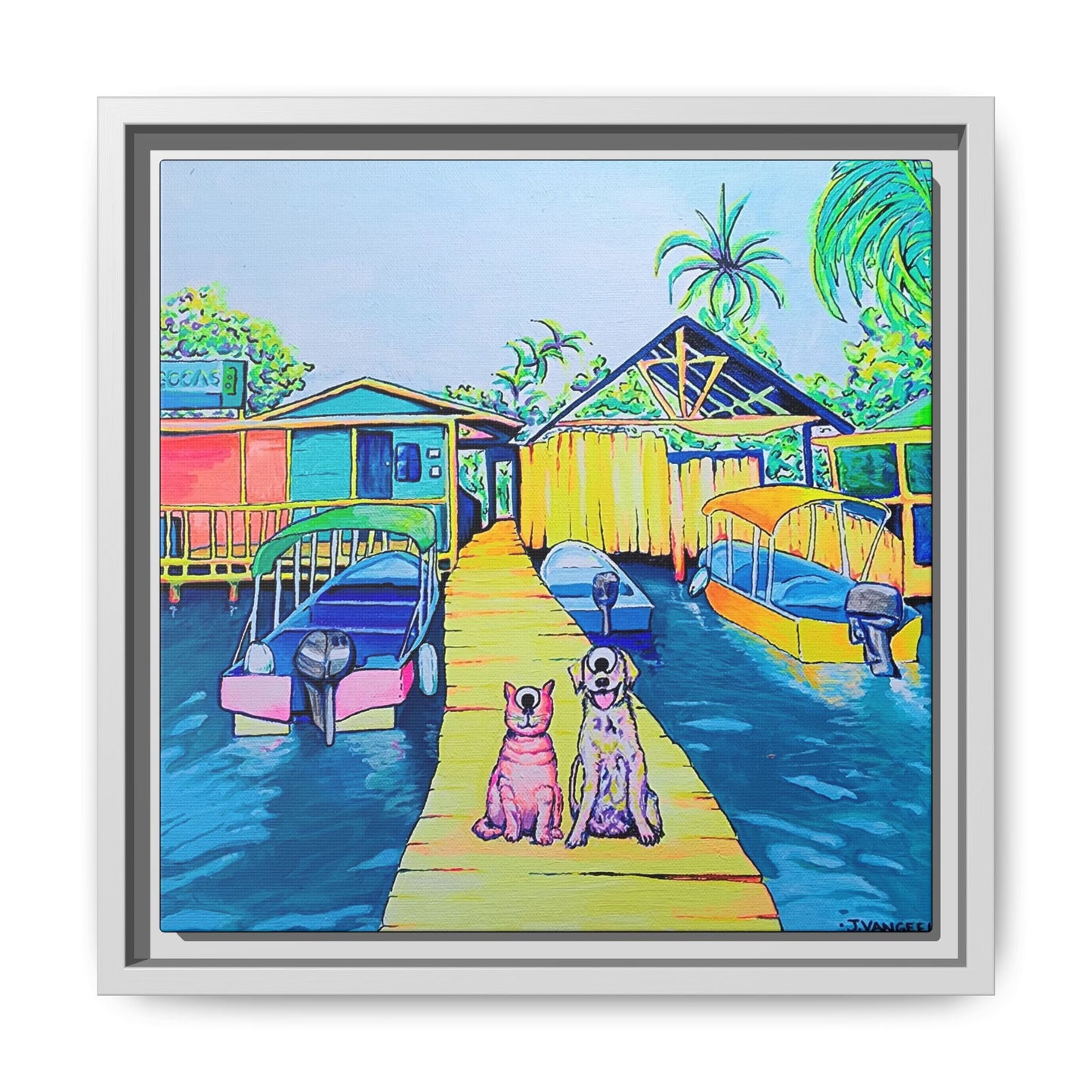 Framed Cyclops Cat and Dog in Bocas Canvas Print