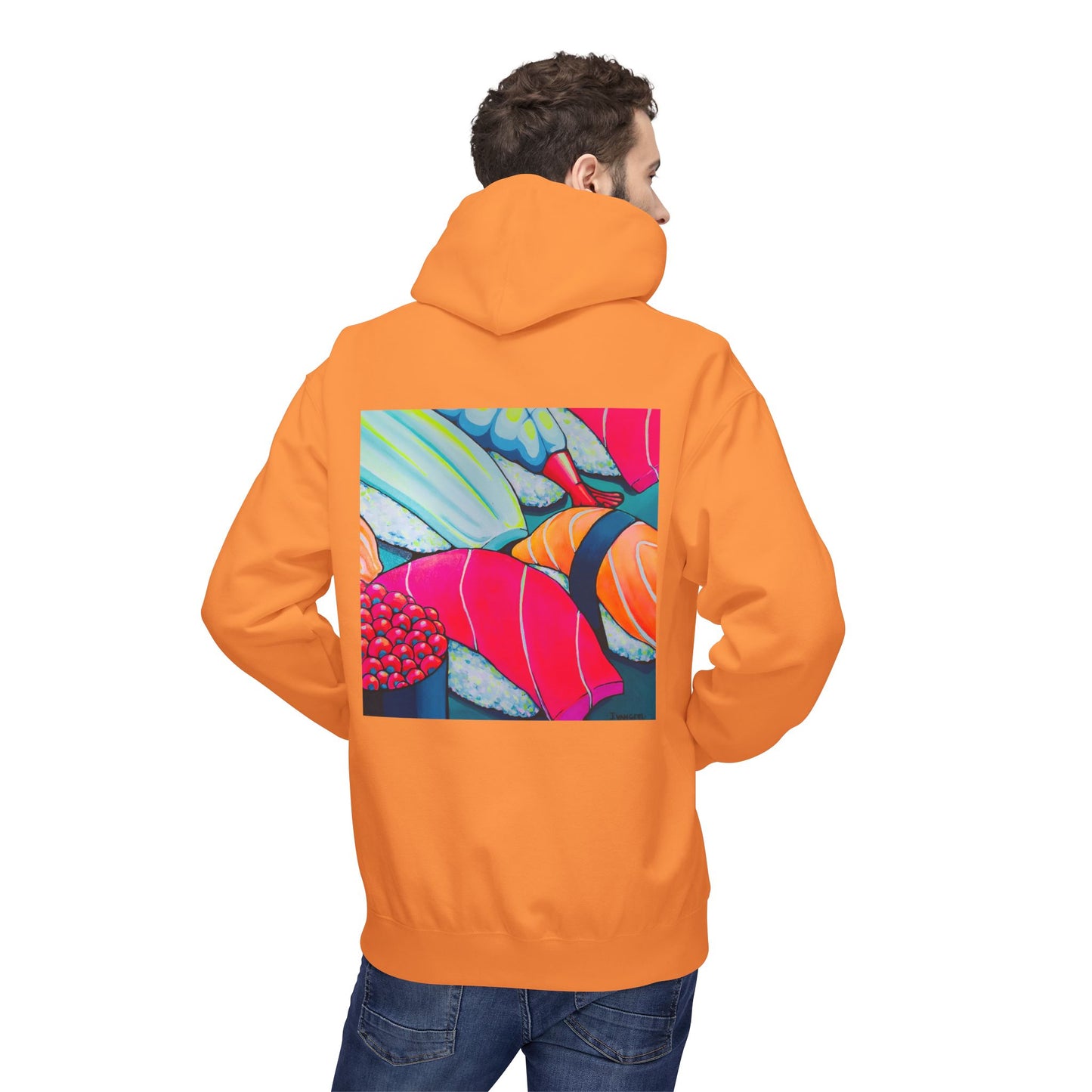 Sweat à capuche doux unisexe néon motif sushis