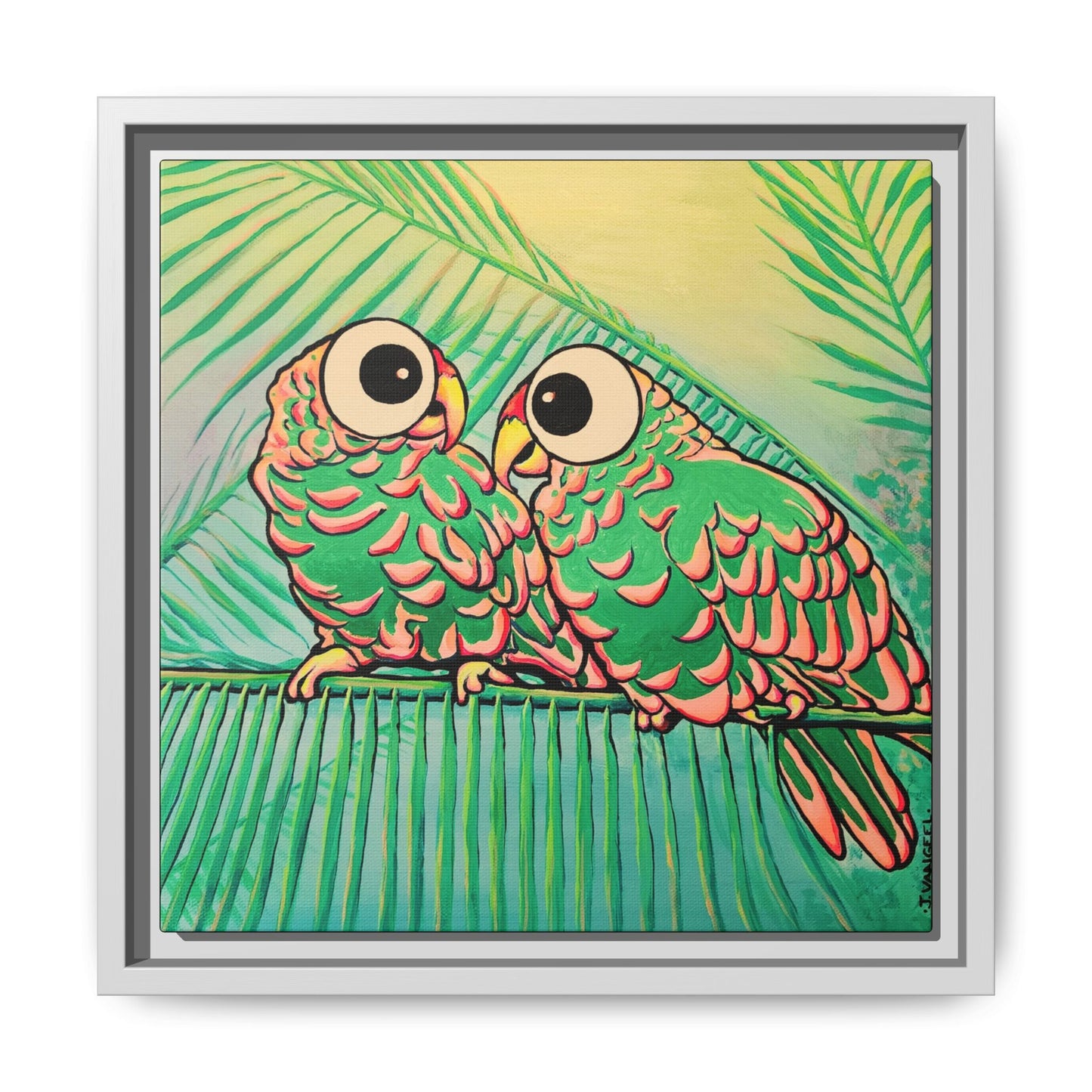 Framed Chatty Cyclops Parrots Canvas Print