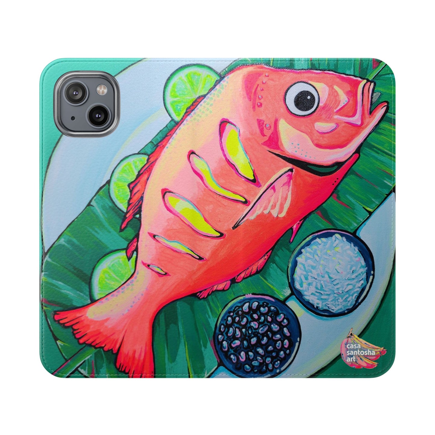 Neon Fried Fish Flip Phone Case – Wallet Cover with Card Slots